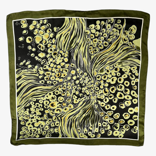 Vintage 90s Green Olive Print Black Polyester Scarf - Casspios Dream