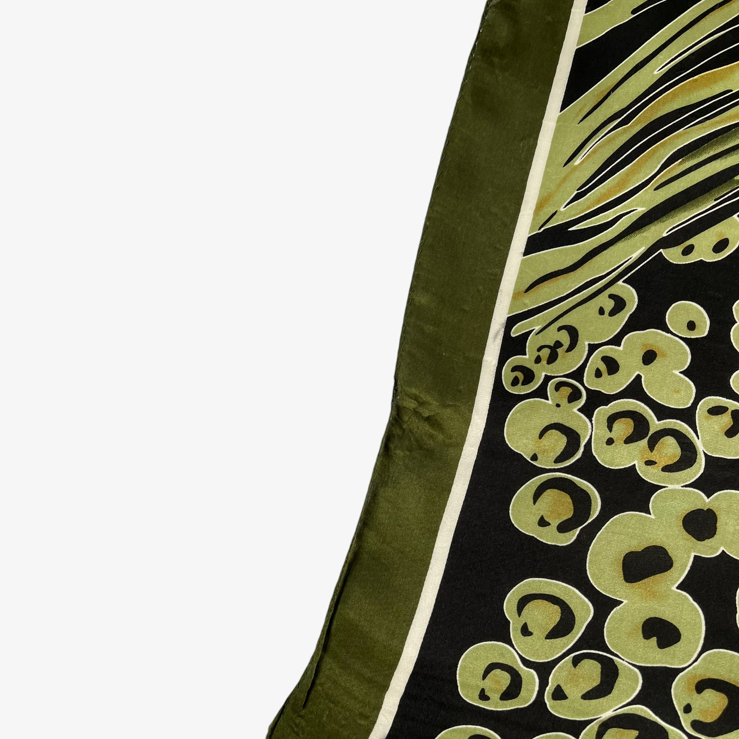 Vintage 90s Green Olive Print Black Polyester Scarf Mark - Casspios Dream