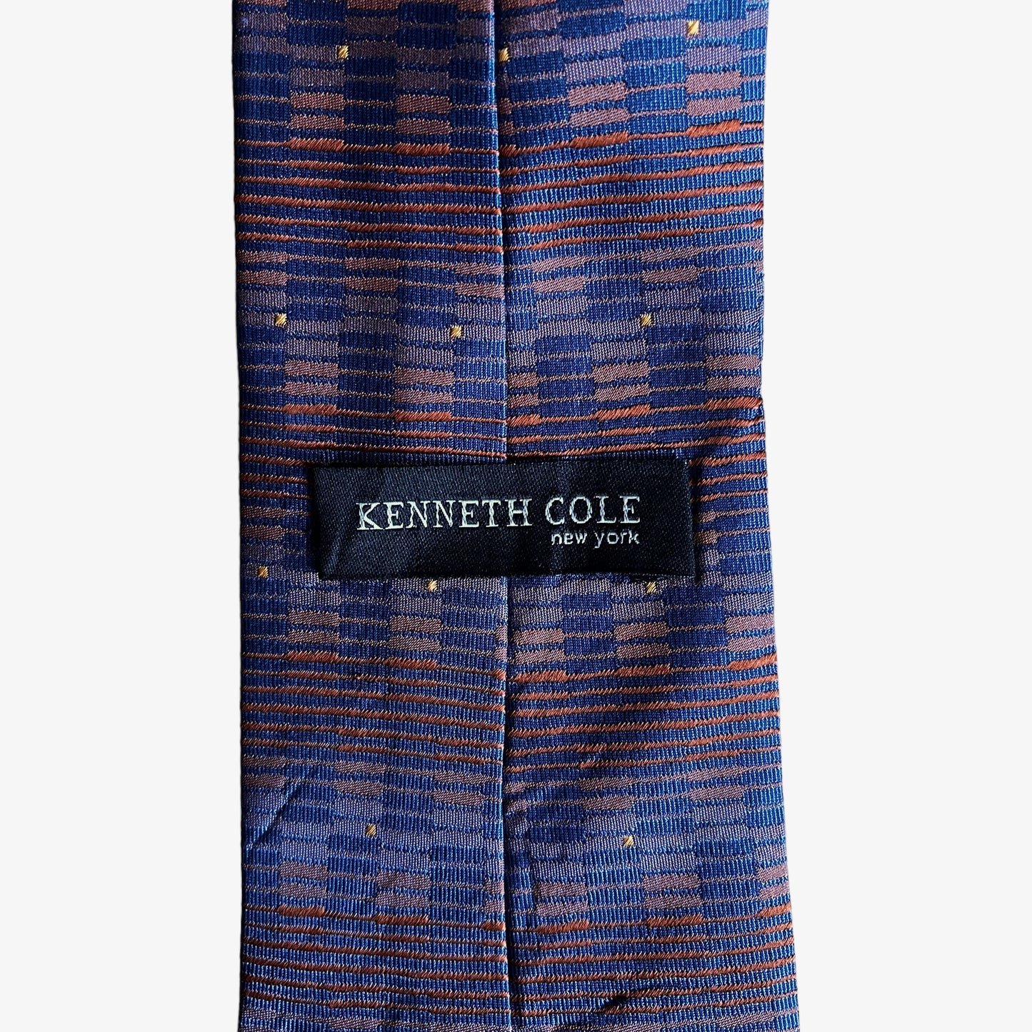 Vintage 90s Kenneth Cole Orange & Navy Abstract Print Silk Tie Label - Casspios Dream