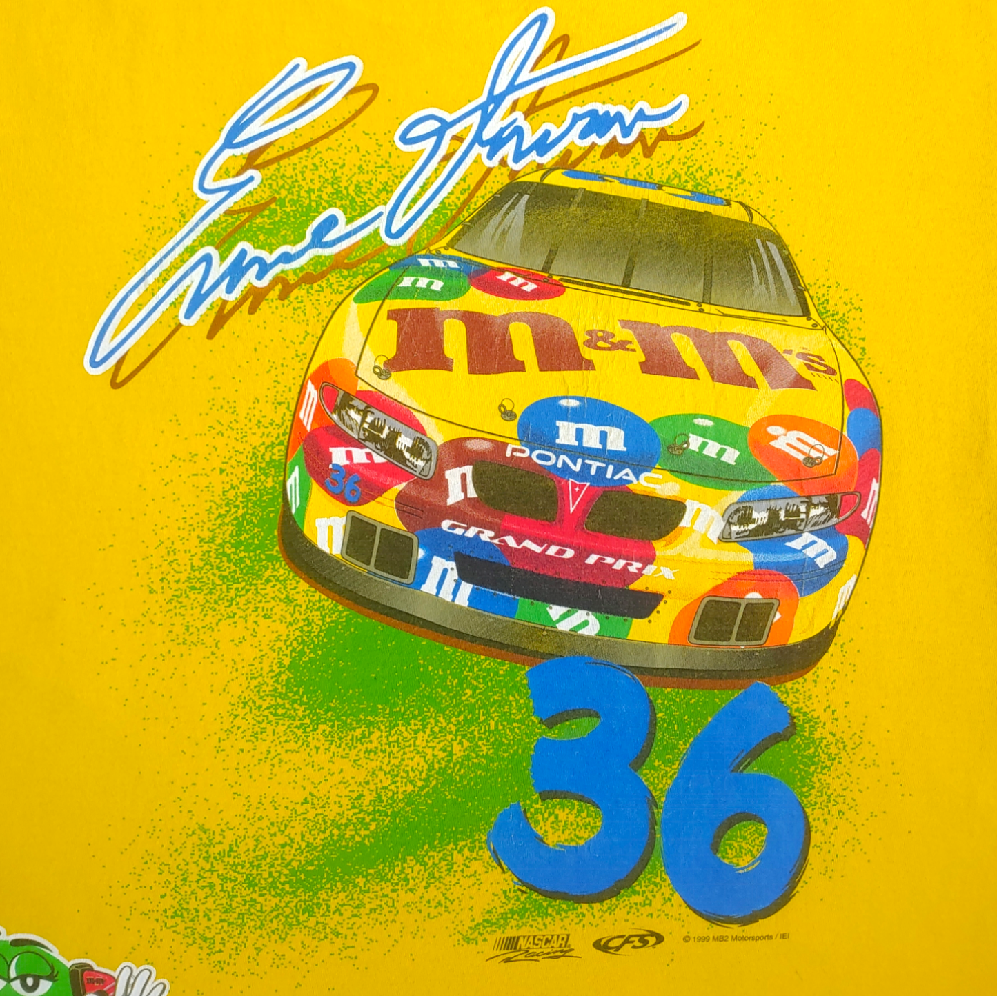 Vintage 90s M&M 1999 Ernie Irvan NASCAR Racing Team Double Sided Yellow Top Back Print - Casspios Dream