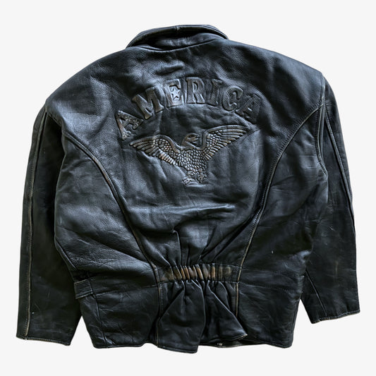 Vintage 90s Mens American Eagle Embossed Black Leather Pilot Jacket Back - Casspios Dream