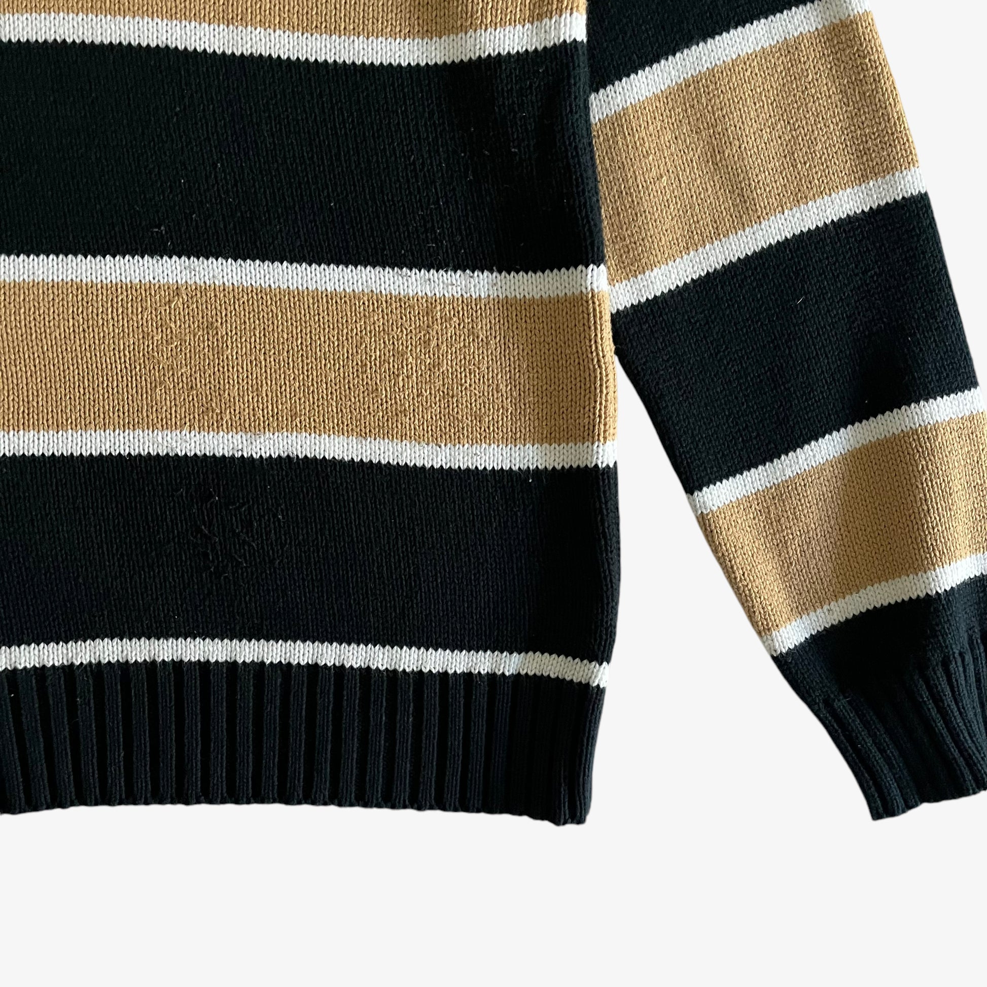 Vintage 90s Mens Armani Jeans Beige And Navy Striped Knitted Jumper Bobbling - Casspios Dream