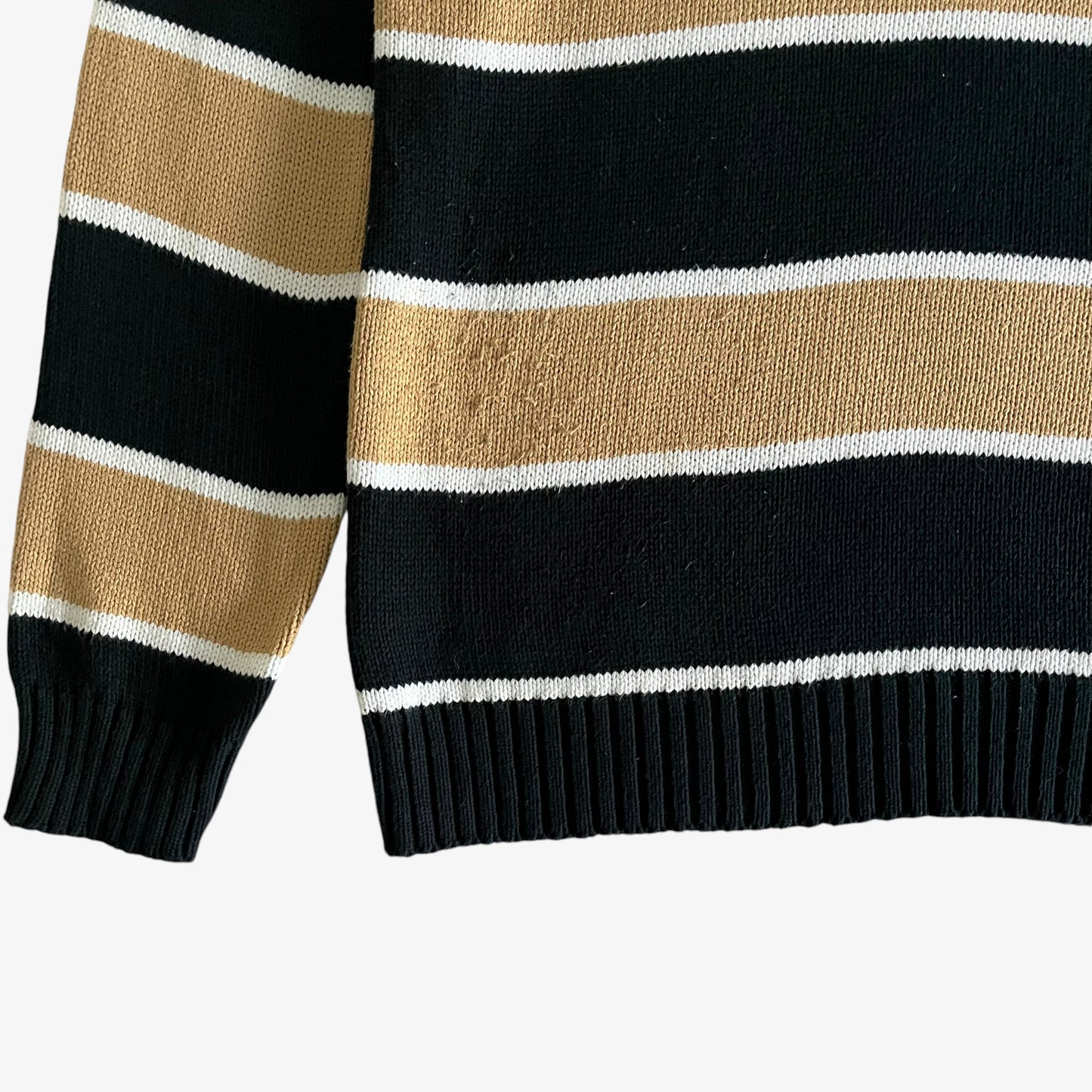 Vintage 90s Mens Armani Jeans Beige And Navy Striped Knitted Jumper Hem - Casspios Dream