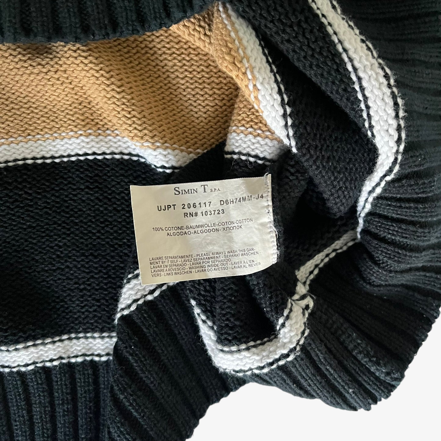 Vintage 90s Mens Armani Jeans Beige And Navy Striped Knitted Jumper Inside Label - Casspios Dream