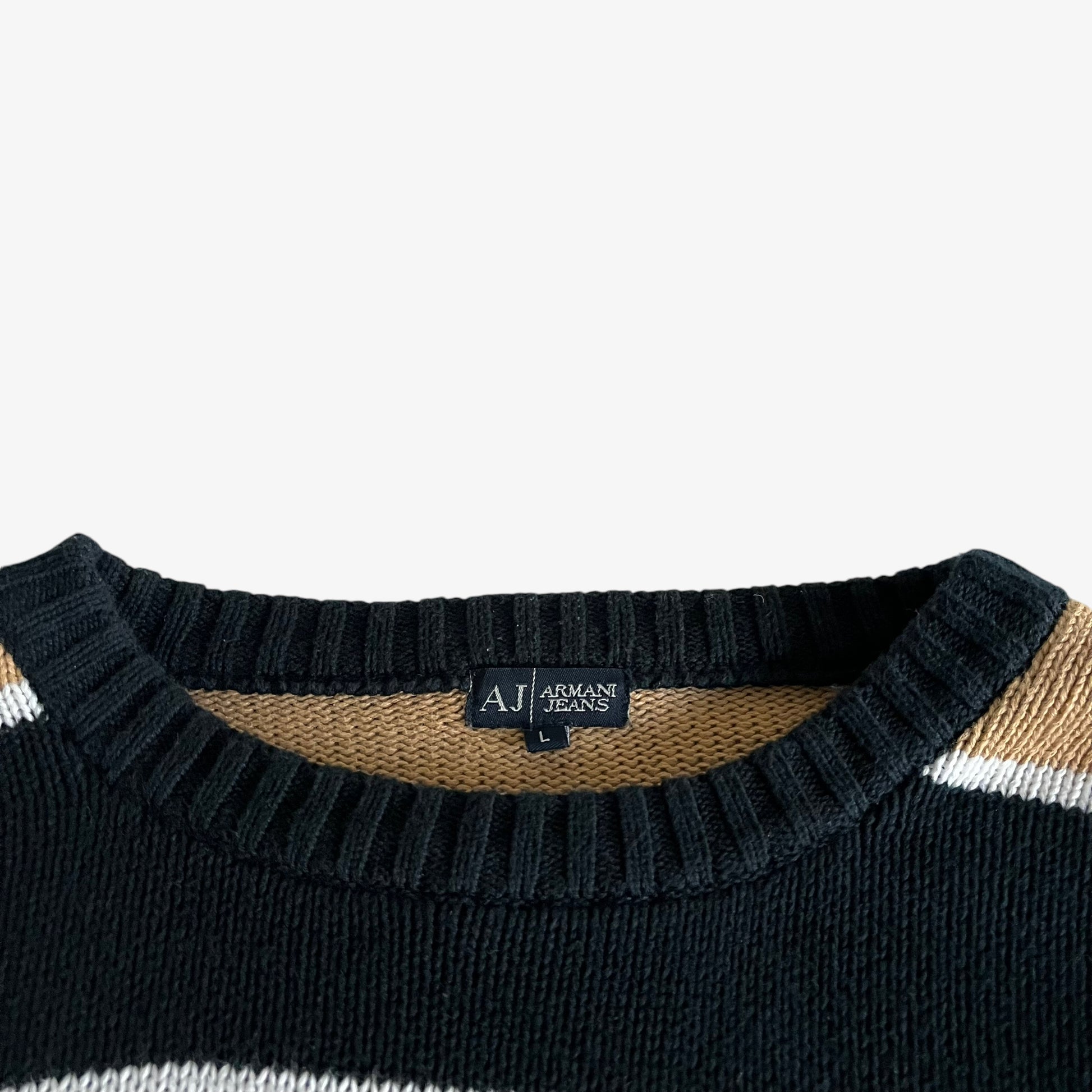 Vintage 90s Mens Armani Jeans Beige And Navy Striped Knitted Jumper Label - Casspios Dream