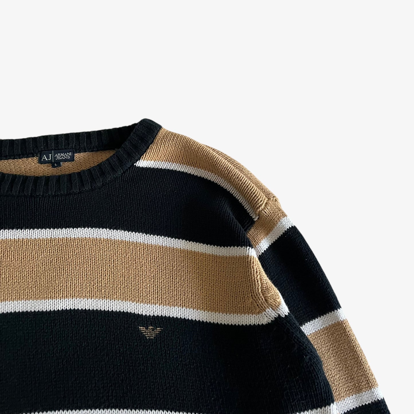 Vintage 90s Mens Armani Jeans Beige And Navy Striped Knitted Jumper Logo - Casspios Dream