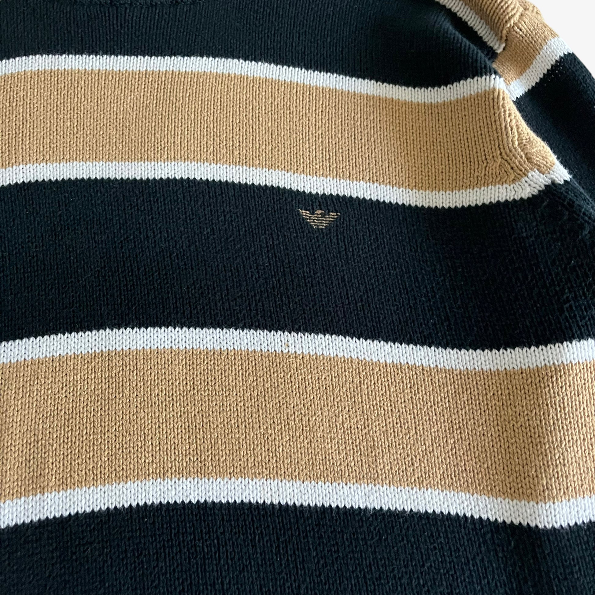 Vintage 90s Mens Armani Jeans Beige And Navy Striped Knitted Jumper Wear - Casspios Dream