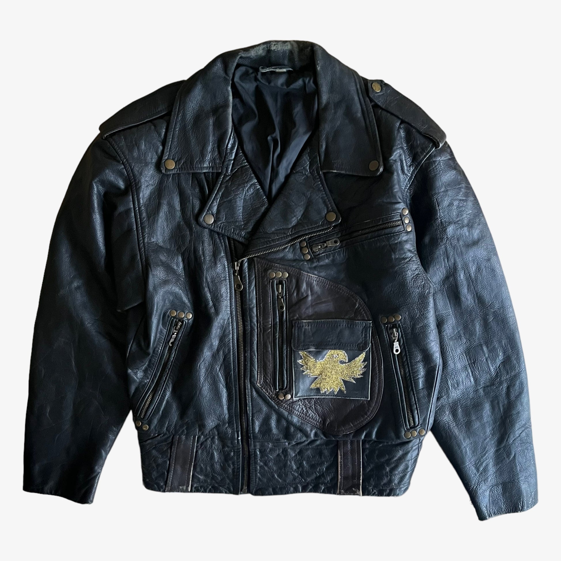 Vintage 90s Mens Black Leather Biker Jacket With Embroidered Eagle - Casspios Dream