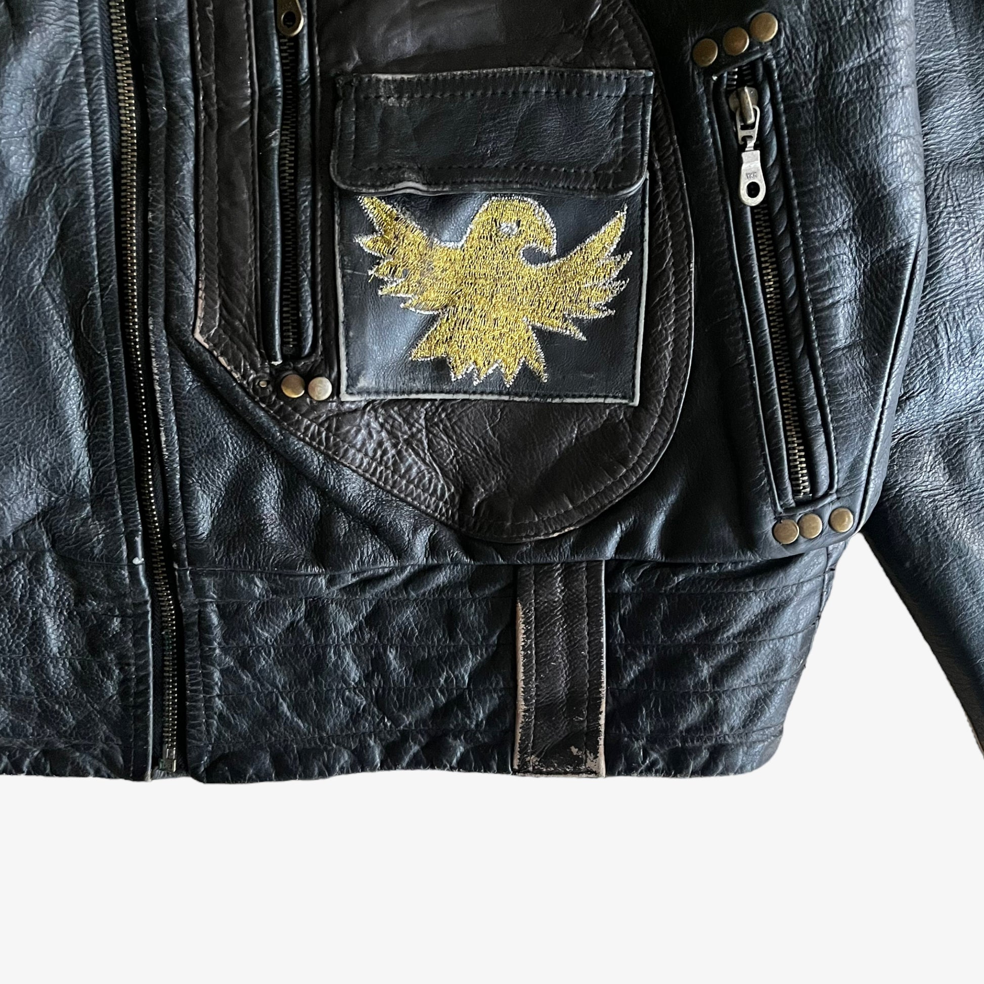 Vintage 90s Mens Black Leather Biker Jacket With Embroidered Eagle Golden - Casspios Dream