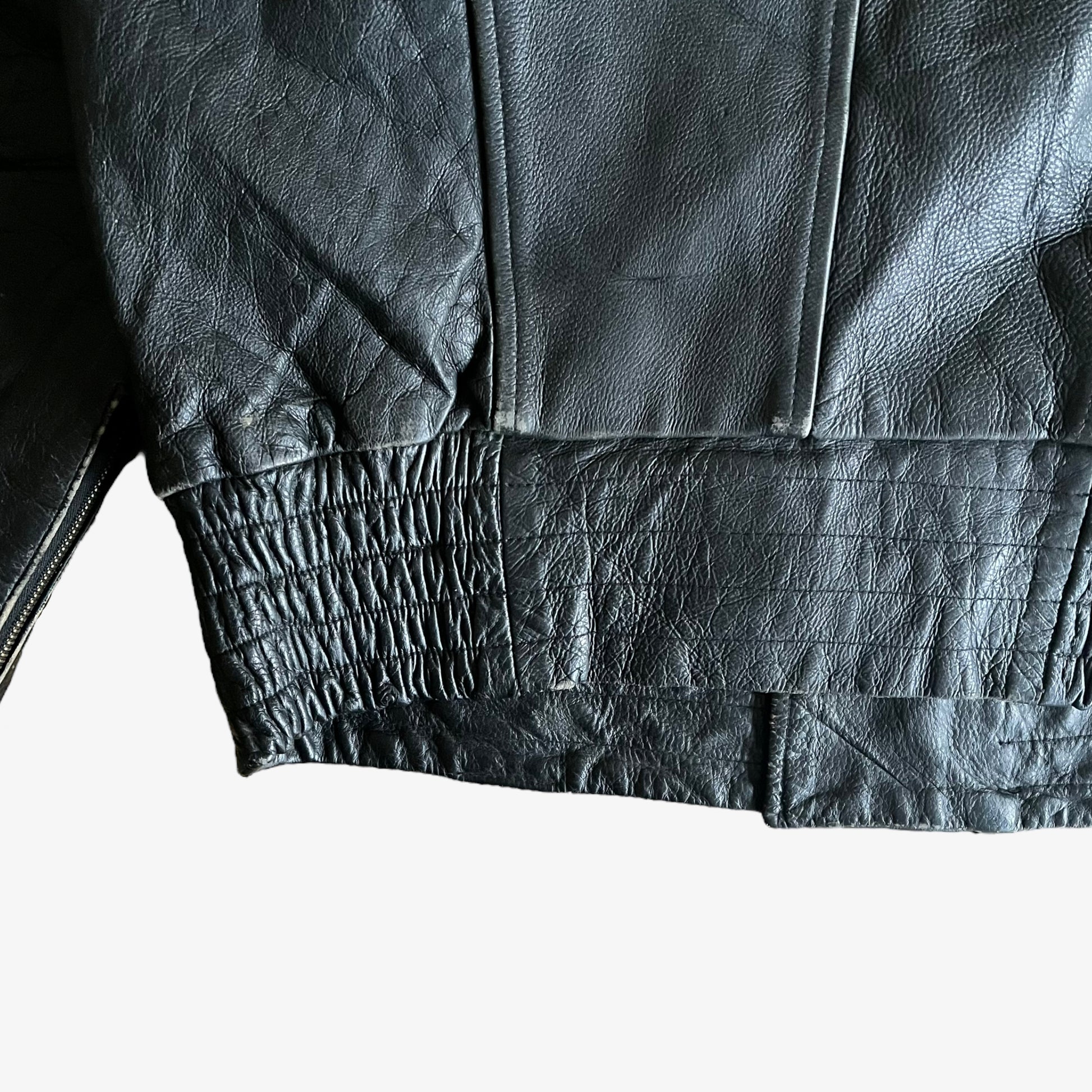 Vintage 90s Mens Black Leather Biker Jacket With Embroidered Eagle Hem - Casspios Dream