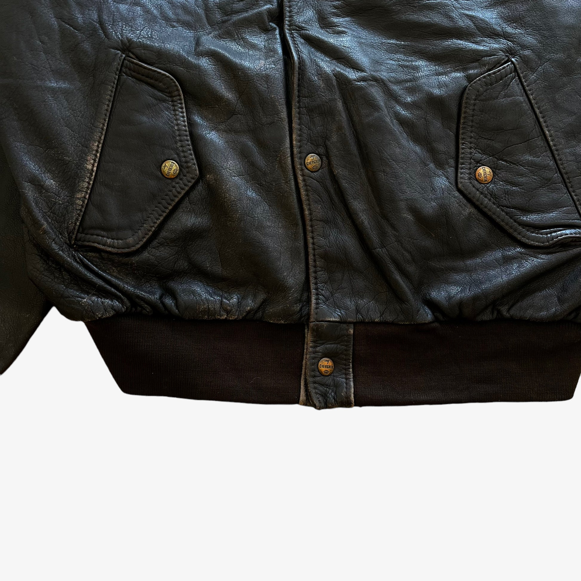 Vintage 90s Mens Chevignon Black Leather Bomber Jacket Hem - Casspios Dream