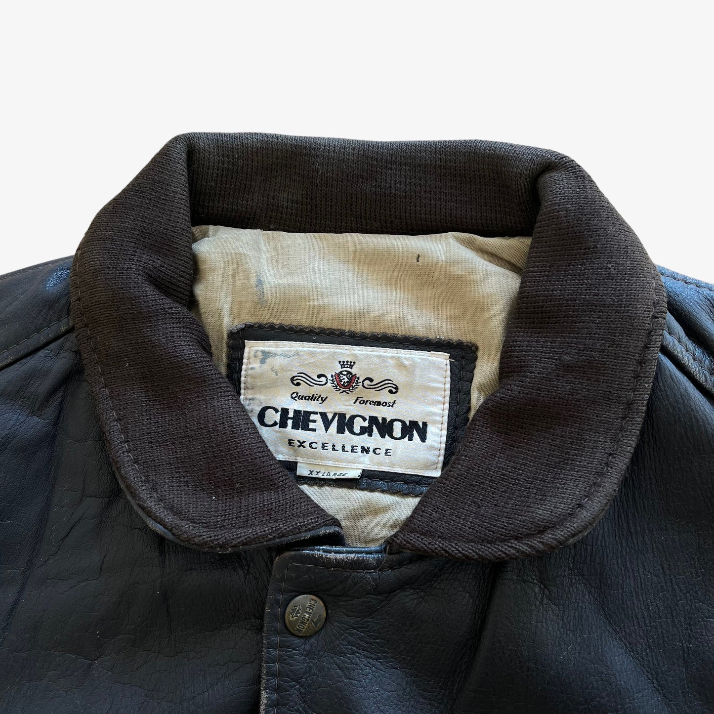 Vintage 90s Mens Chevignon Black Leather Bomber Jacket Label - Casspios Dream