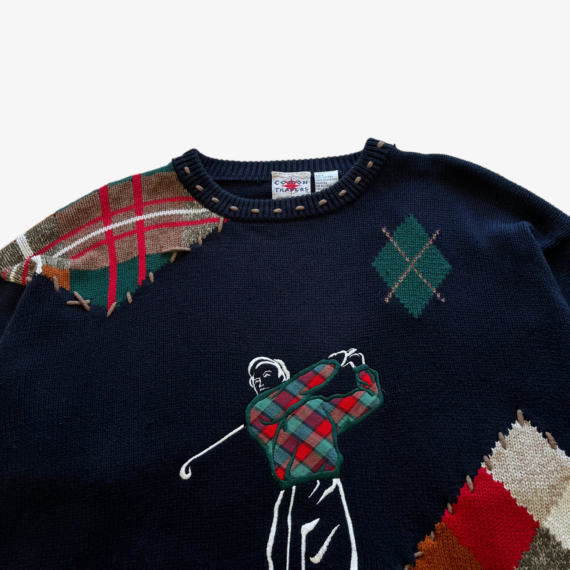 Vintage 90s Mens Cotton Traders Golf Jumper With Tartan Patches Check - Casspios Dream