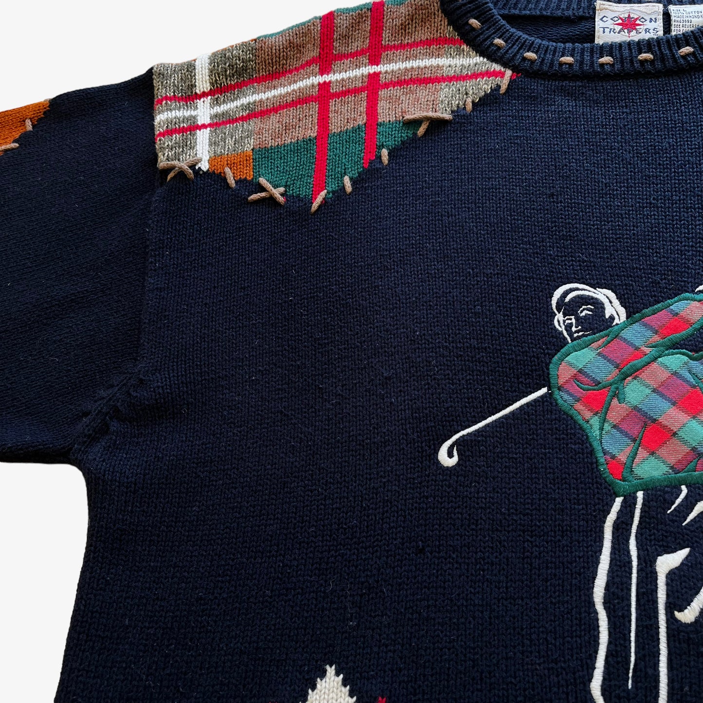 Vintage 90s Mens Cotton Traders Golf Jumper With Tartan Patches Chest - Casspios Dream