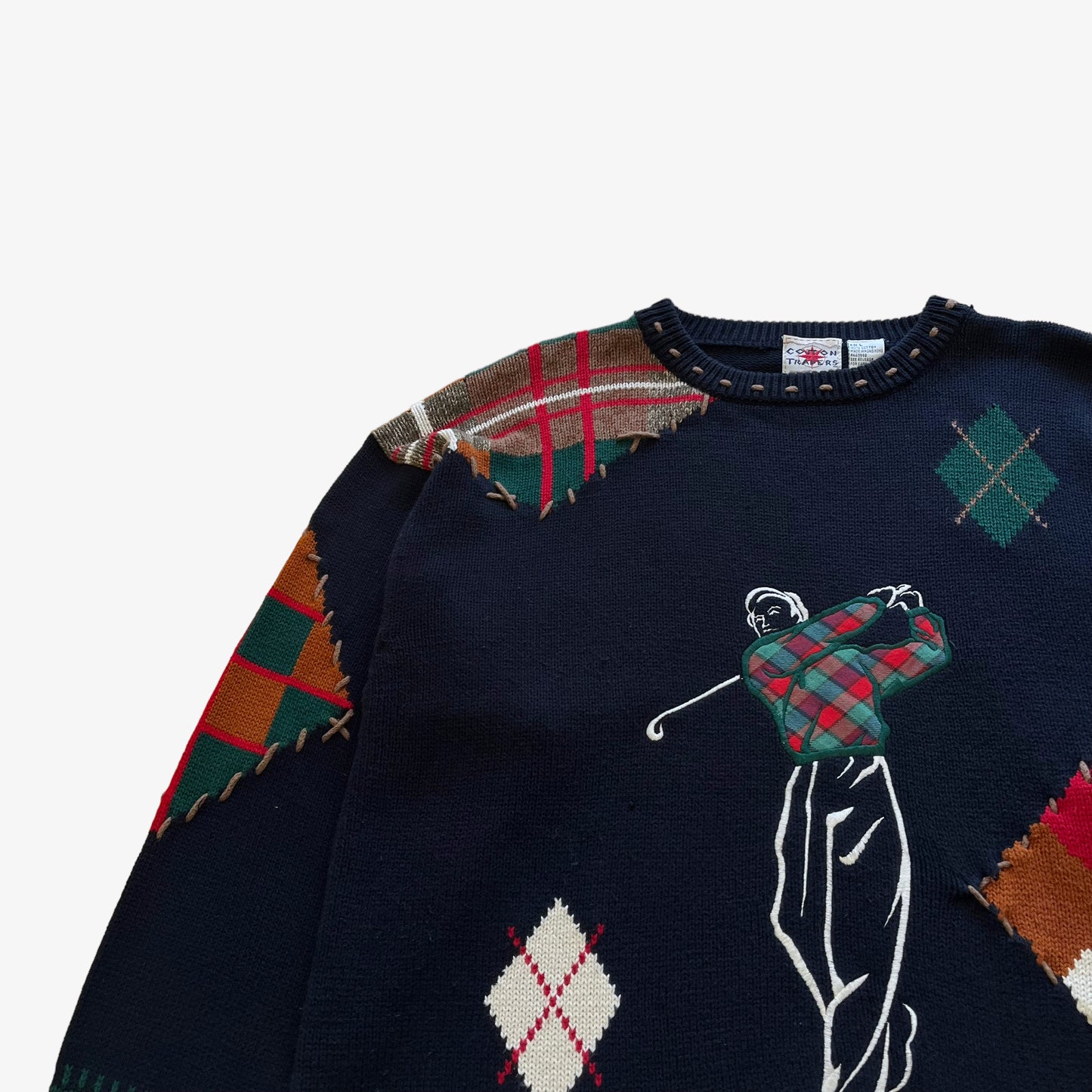 Vintage 90s Mens Cotton Traders Golf Jumper With Tartan Patches Sleeve - Casspios Dream