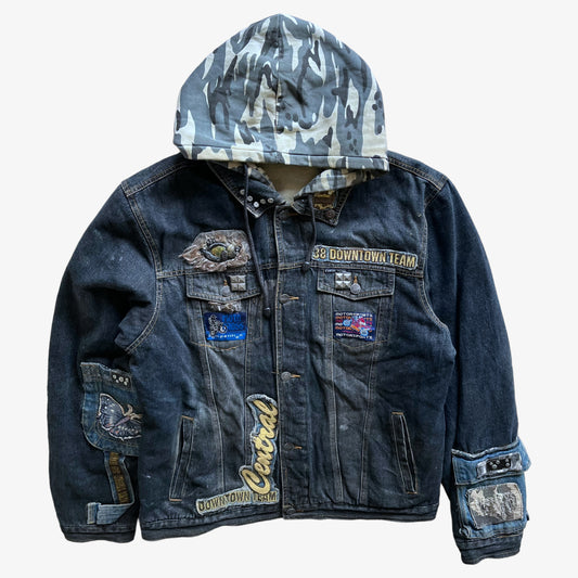 Vintage 90s Mens Downtown Team Blue Denim Jacket With Camouflage Hood - Casspios Dream