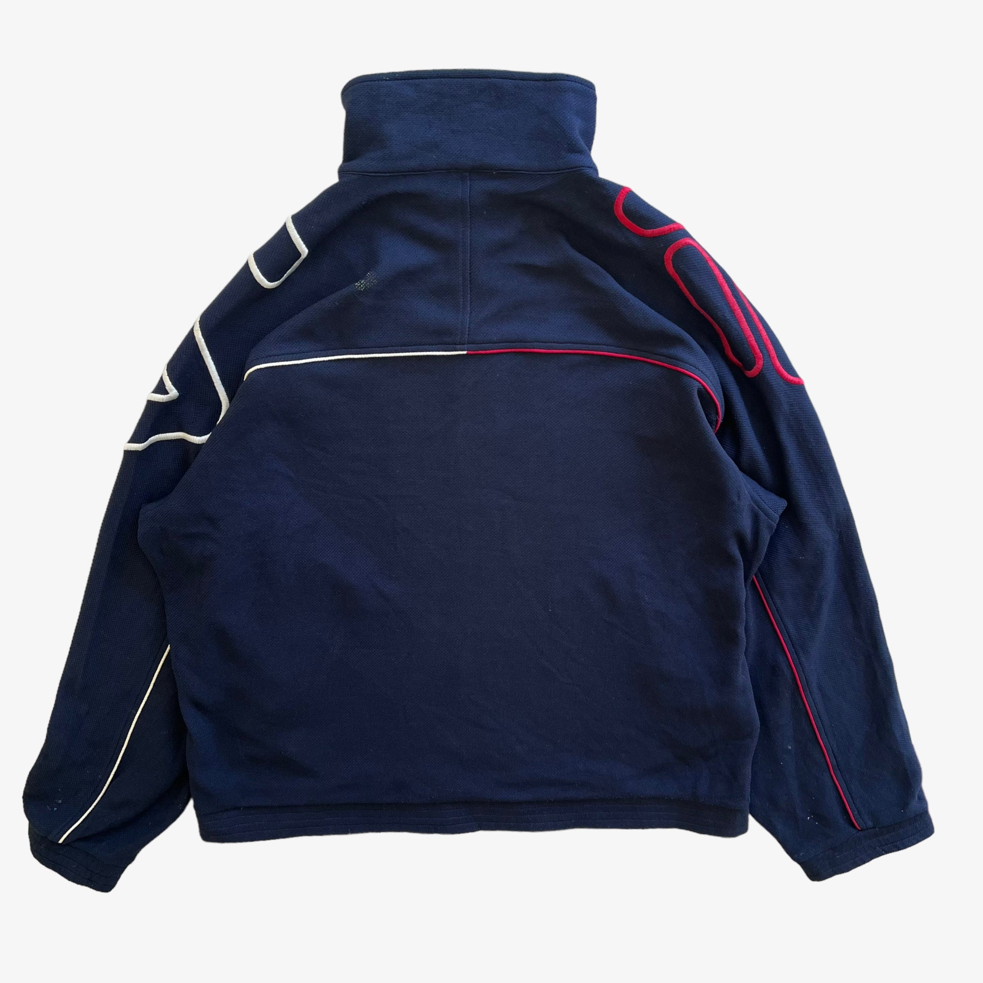 Vintage 90s Mens Fila Embroidered Spell Out Navy Track Jacket Back - Casspios Dream