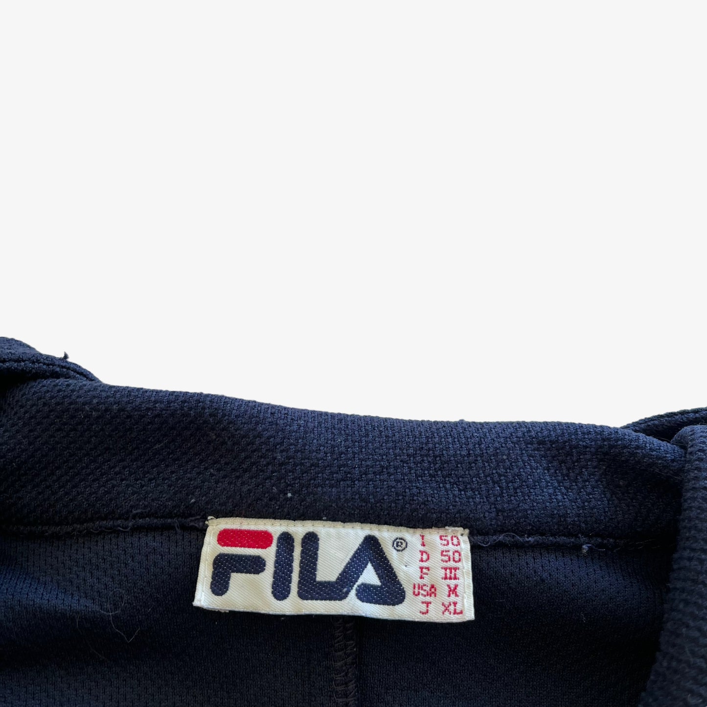 Vintage 90s Mens Fila Embroidered Spell Out Navy Track Jacket Label - Casspios Dream