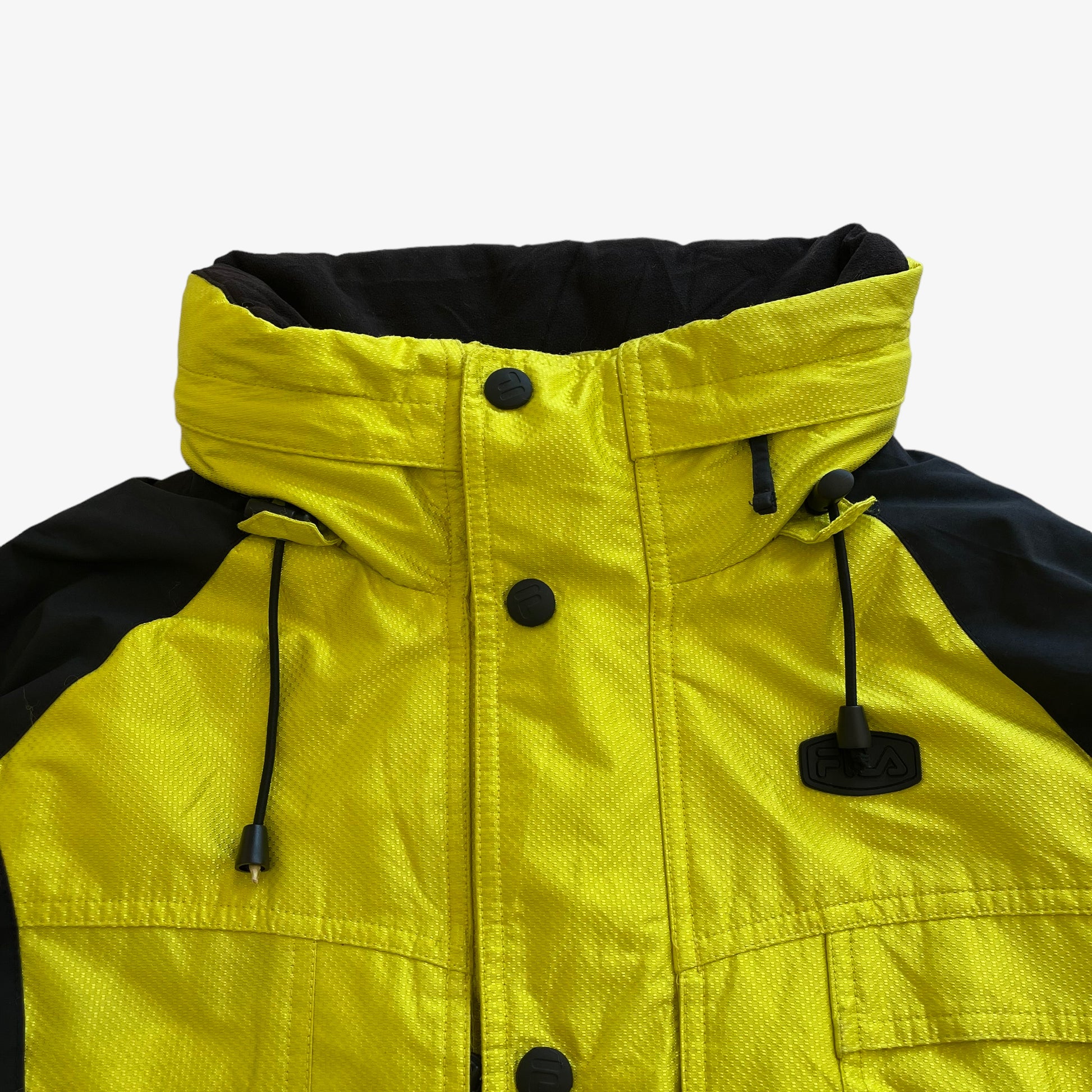 Vintage 90s Mens Fila Neon Yellow Utility Jacket Collar - Casspios Dream