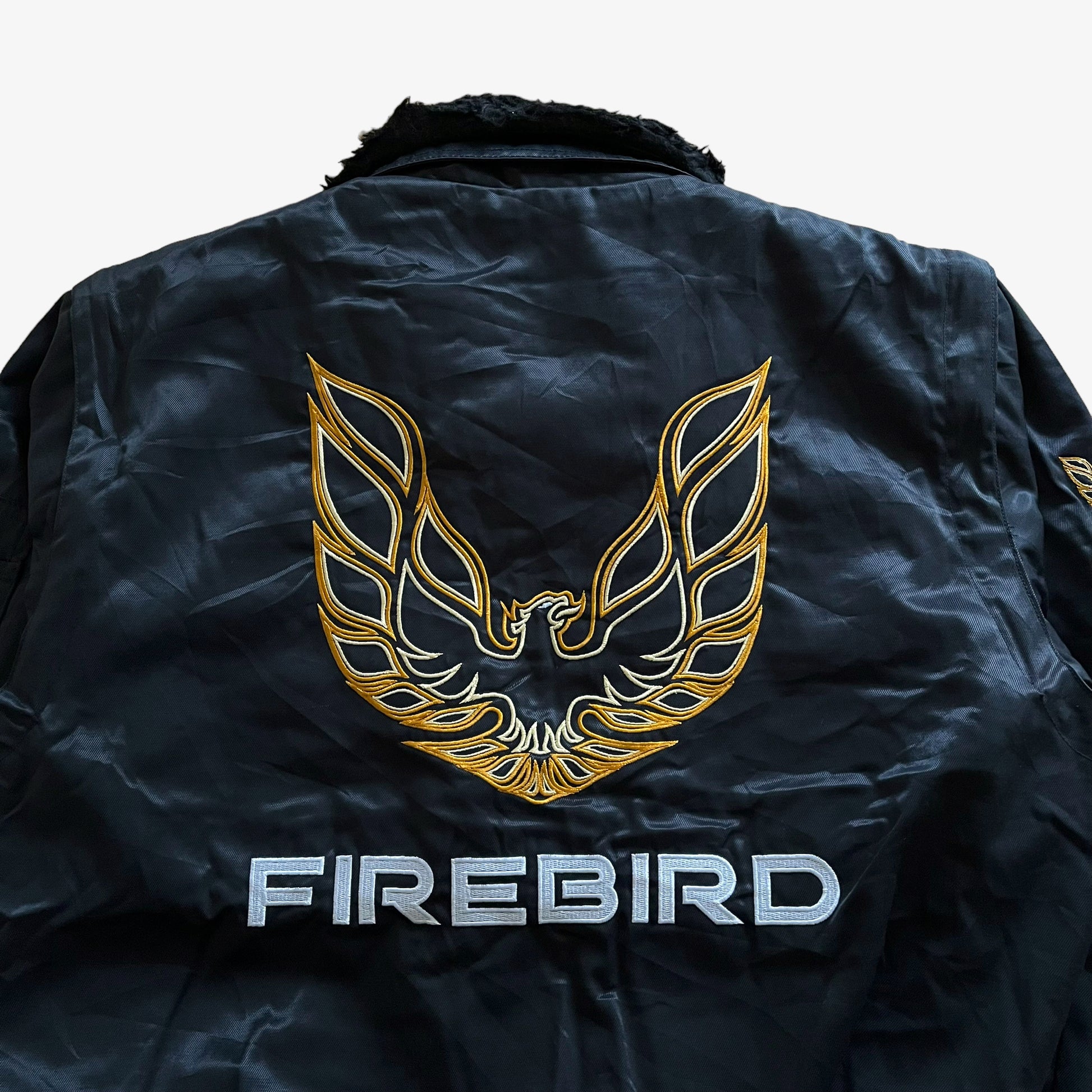 Vintage 90s Mens Firebird Black Pilot Bomber Jacket Spell Out - Casspios Dream