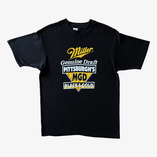 Vintage 90s Mens Fruit Of The Loom Miller Genuine Draft MGD Pittsburgh Steelers Black & Gold Single Stitch Top - Casspios Dream