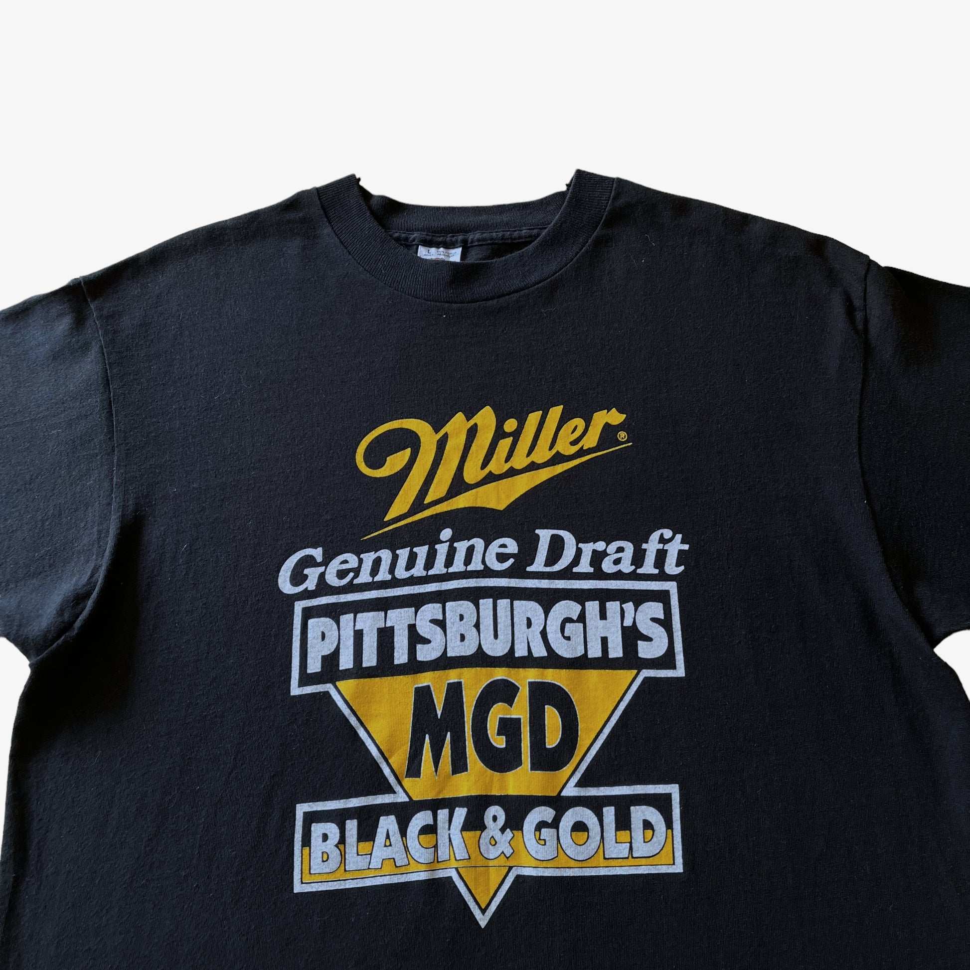 Vintage 90s Mens Fruit Of The Loom Miller Genuine Draft MGD Pittsburgh Steelers Black & Gold Single Stitch Top Logo - Casspios Dream