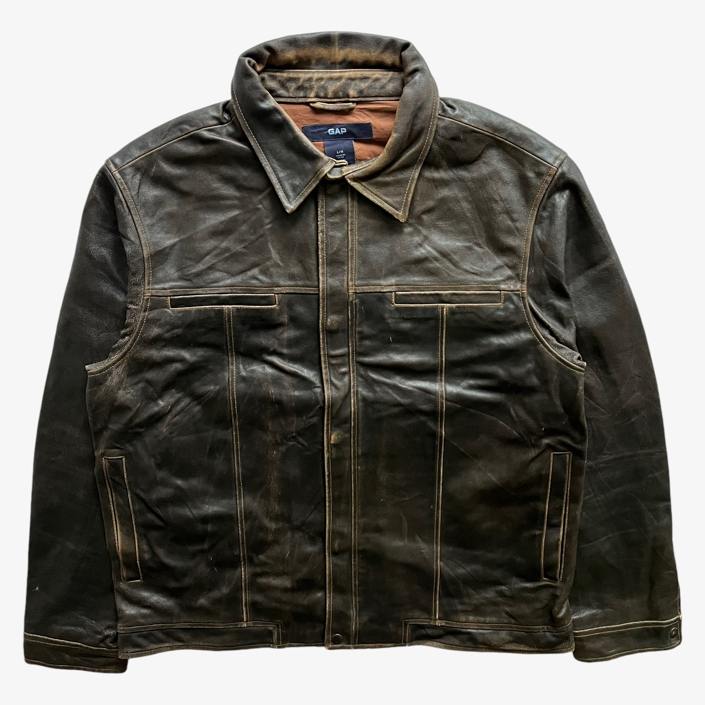 Gap leather trucker jacket online