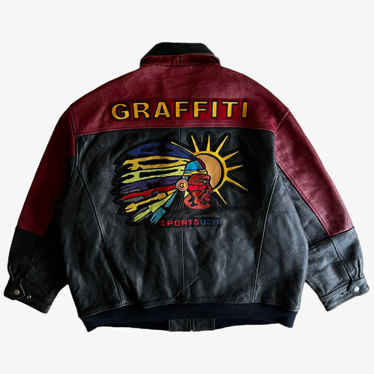 Vintage 90s Mens Graffiti Chief Leather Varsity Jacket Back - Casspios Dream