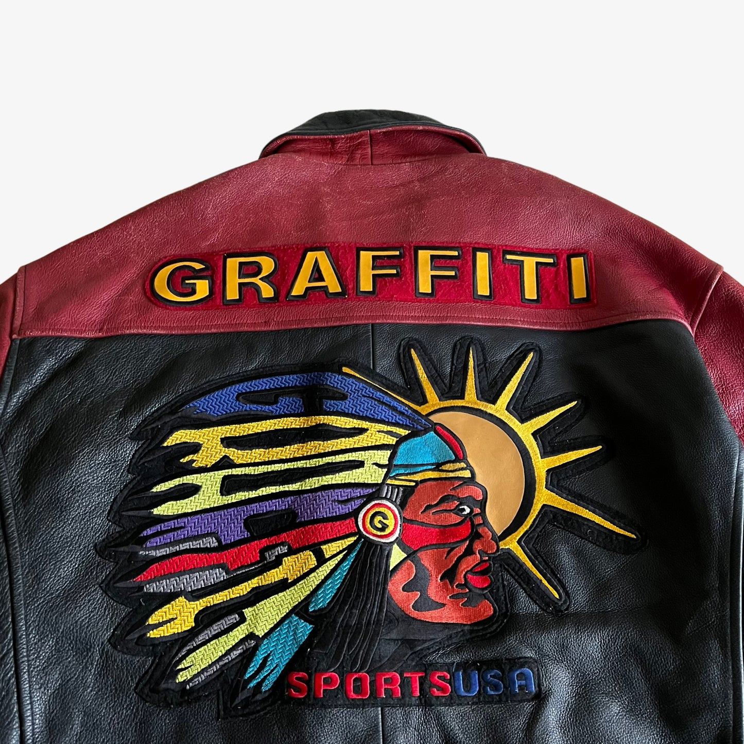 Vintage 90s Mens Graffiti Chief Leather Varsity Jacket Back Embroidered - Casspios Dream