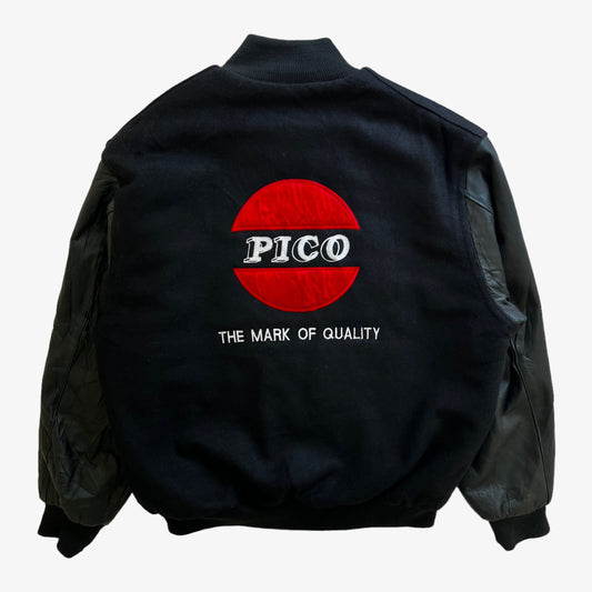 Vintage 90s Mens Holloway Pico The Mark Of Quality Wool And Leather Black Varsity Jacket Back - Casspios Dream