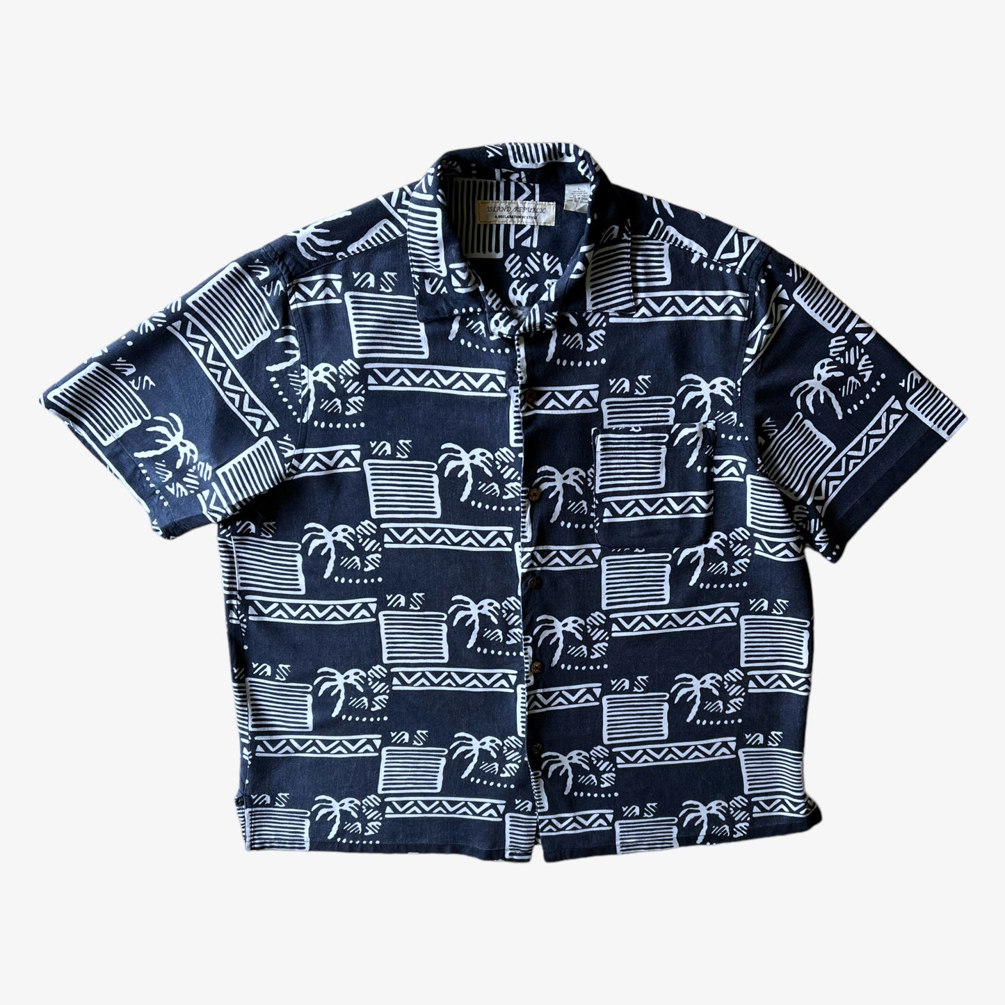 Vintage 90s Mens Island Republic Palm Tree Print Short Sleeve Navy Silk Blend Hawaiian Shirt - Casspios Dream