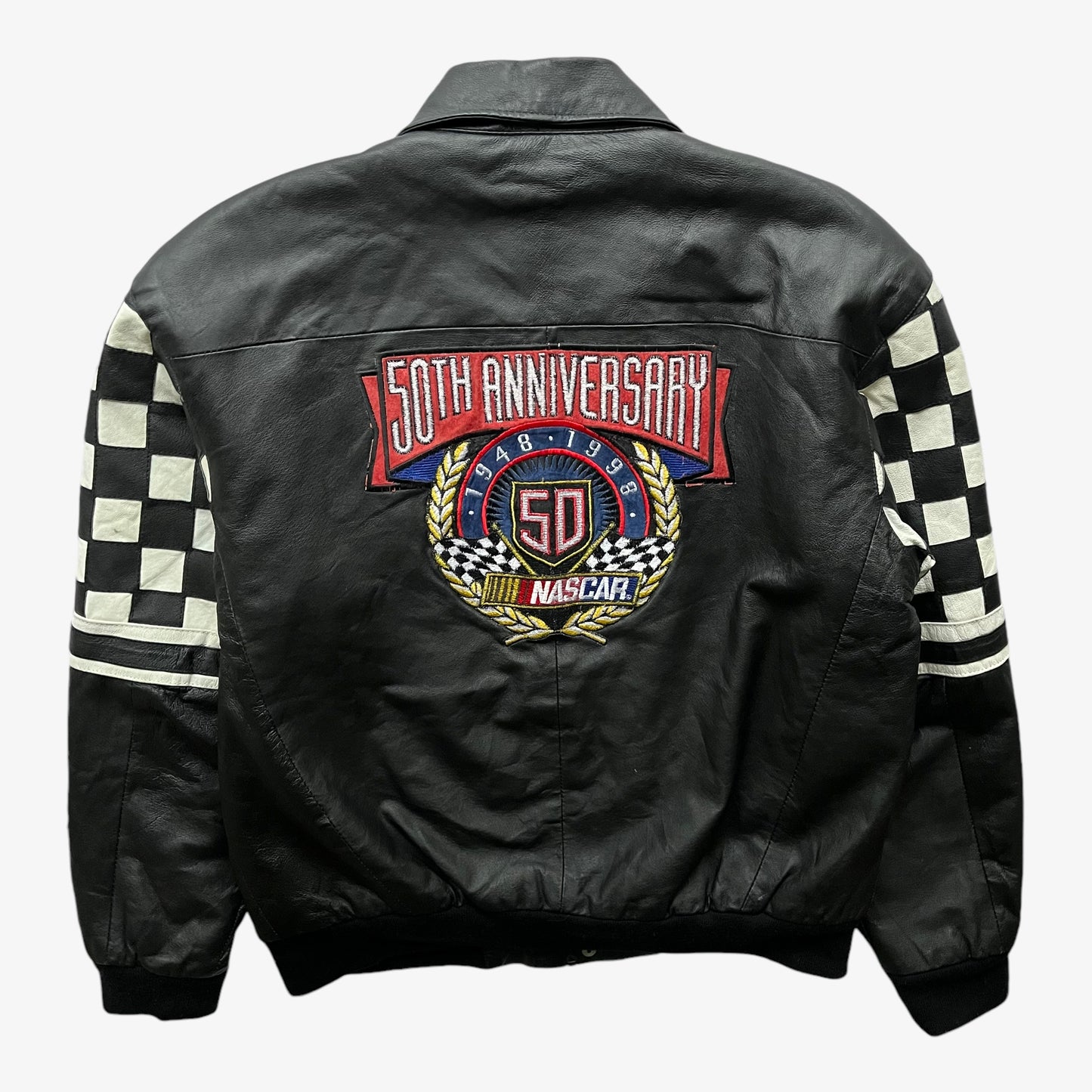 Vintage 90s Mens Jeff Hamilton 1998 NASCAR 50th Anniversary Black Leather Jacket Back - Casspios Dream