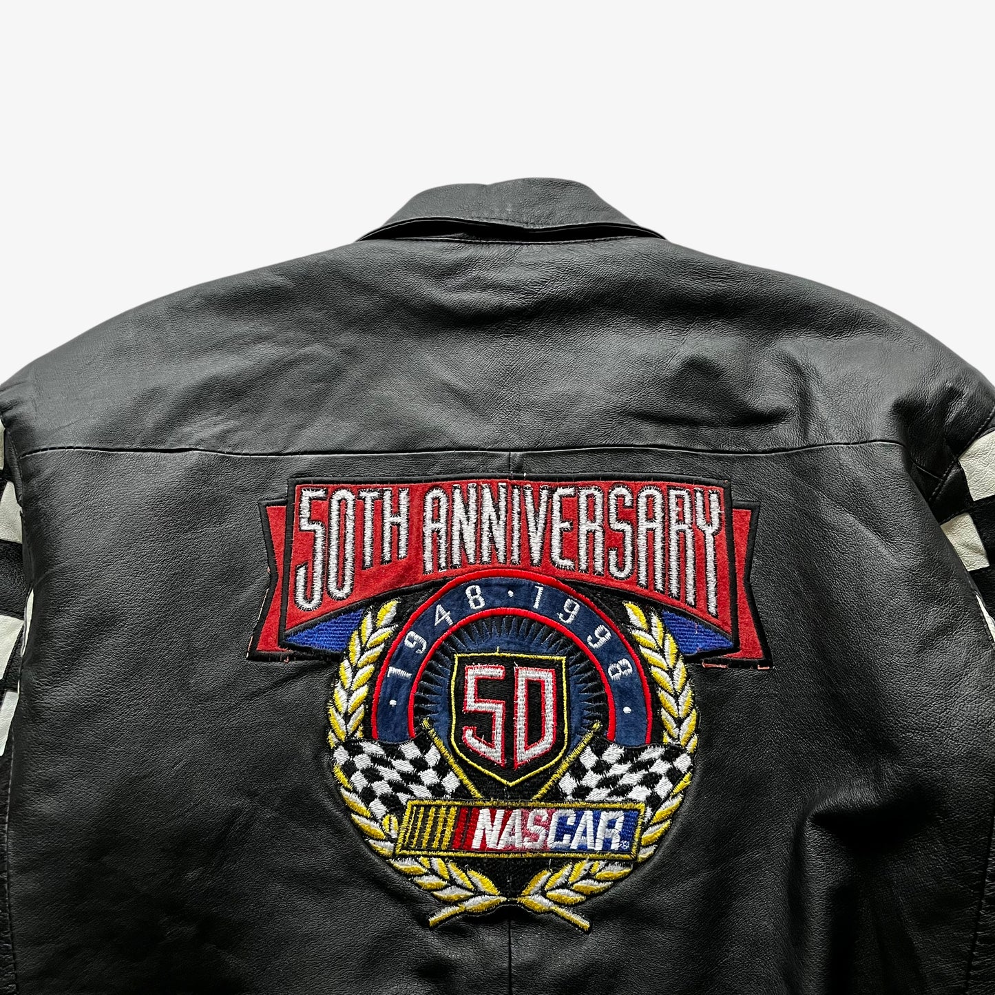 Vintage 90s Mens Jeff Hamilton 1998 NASCAR 50th Anniversary Black Leather Jacket Back Logo - Casspios Dream