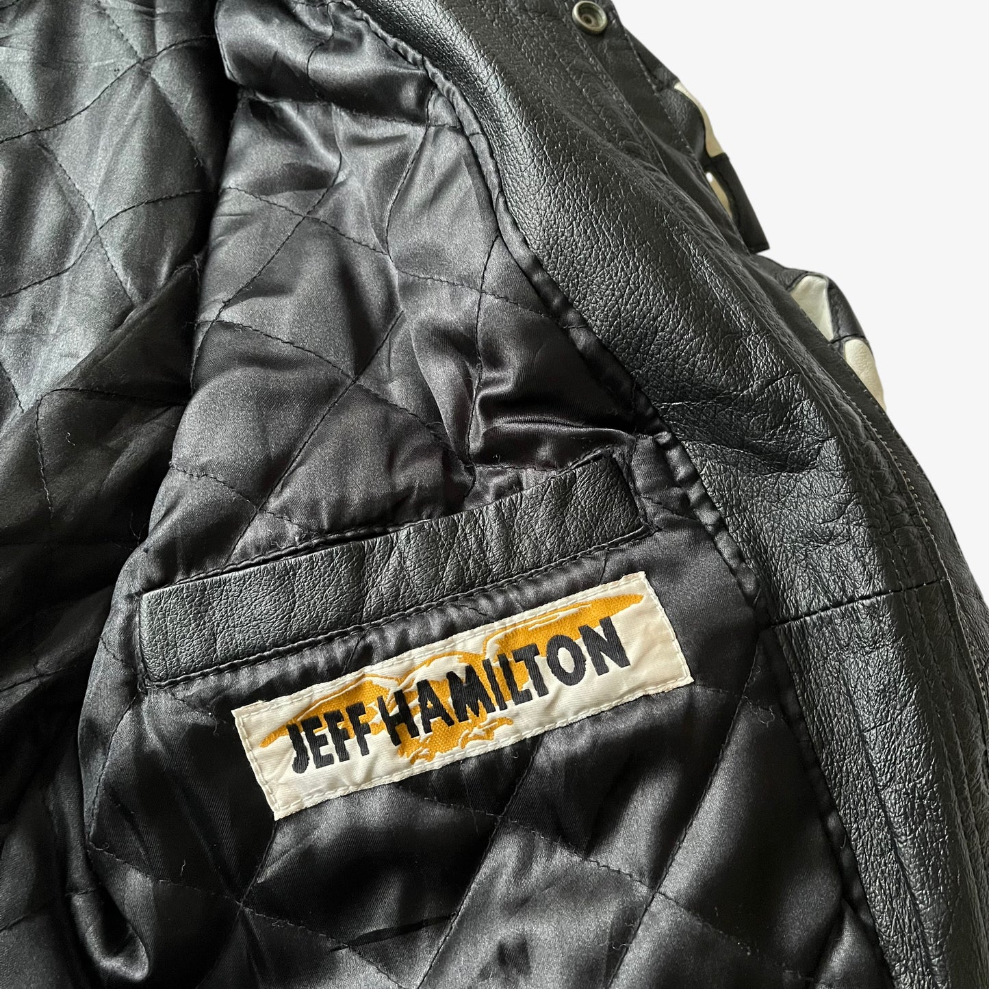 Vintage 90s Mens Jeff Hamilton 1998 NASCAR 50th Anniversary Black Leather Jacket Inside Label - Casspios Dream