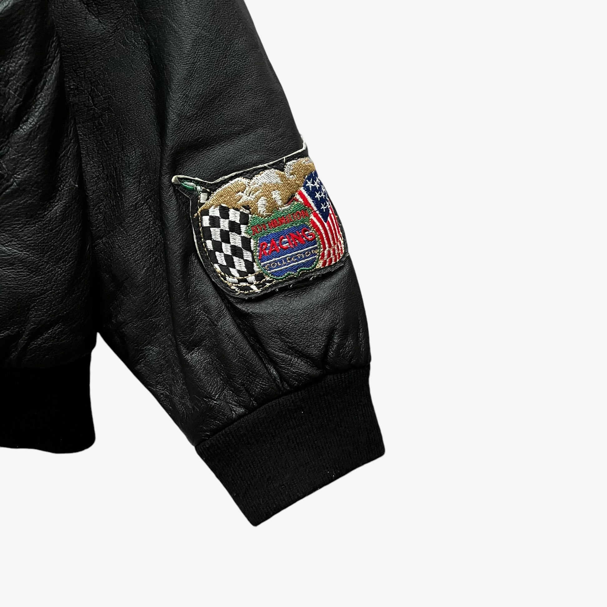 Vintage 90s Mens Jeff Hamilton 1998 NASCAR 50th Anniversary Black Leather Jacket Tag - Casspios Dream