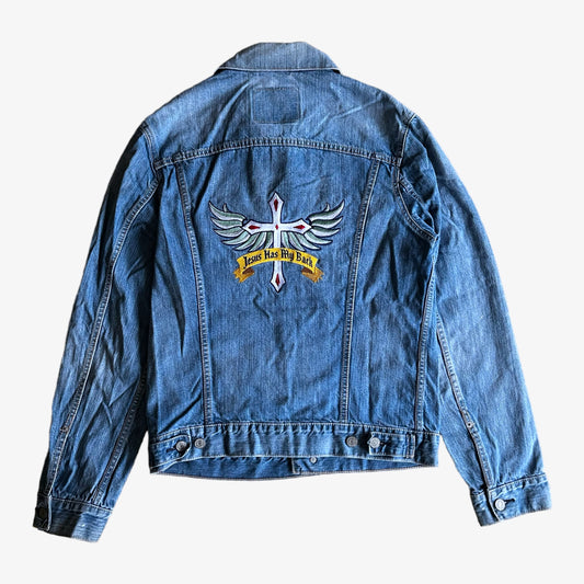 Vintage 90s Mens Levis Jesus Christ Has My Back Embroidered Blue Denim Trucker Jacket Back - Casspios Dream