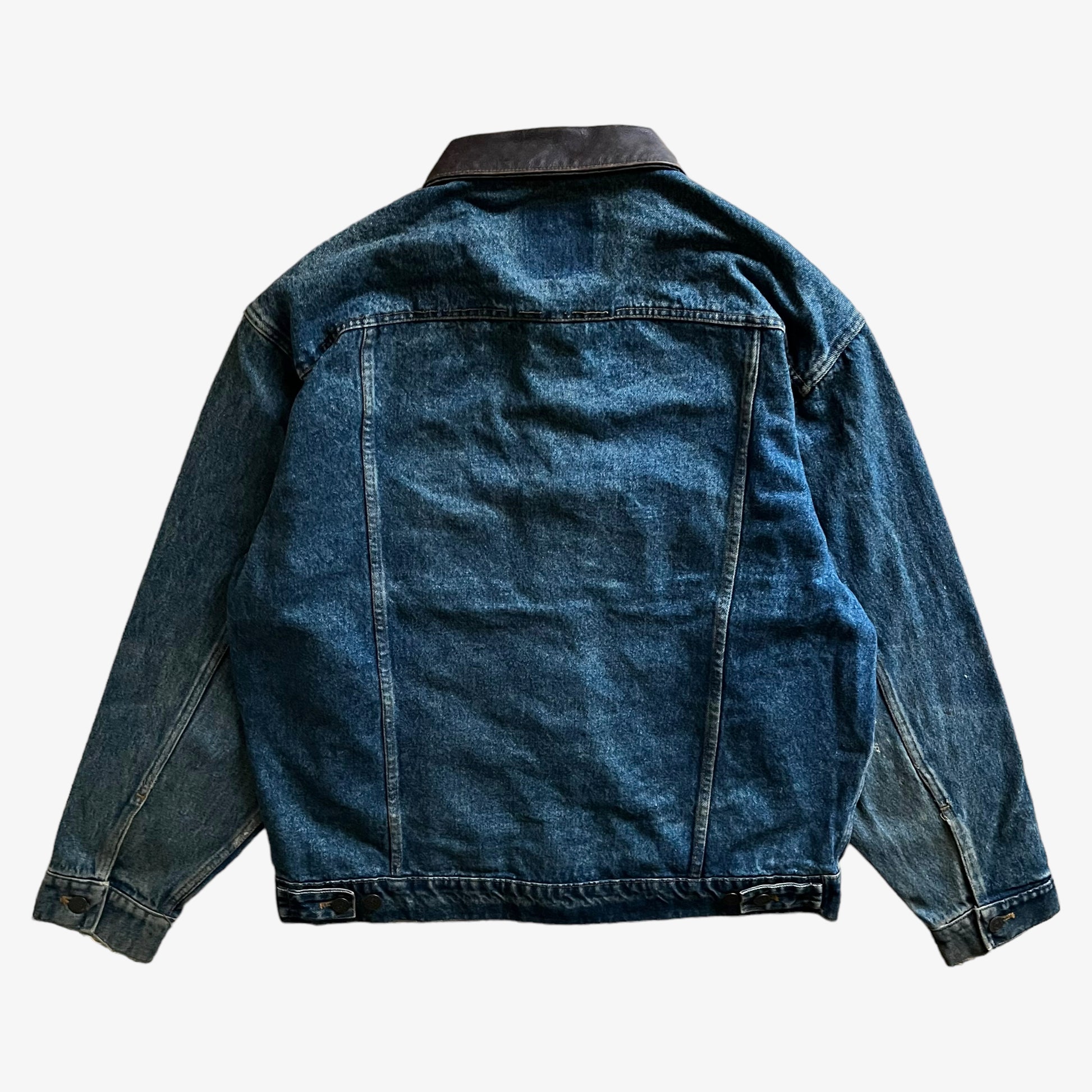 Vintage 90s Mens Marlboro Country Store Blue Denim Jacket With Brown Leather Collar Back - Casspios Dream