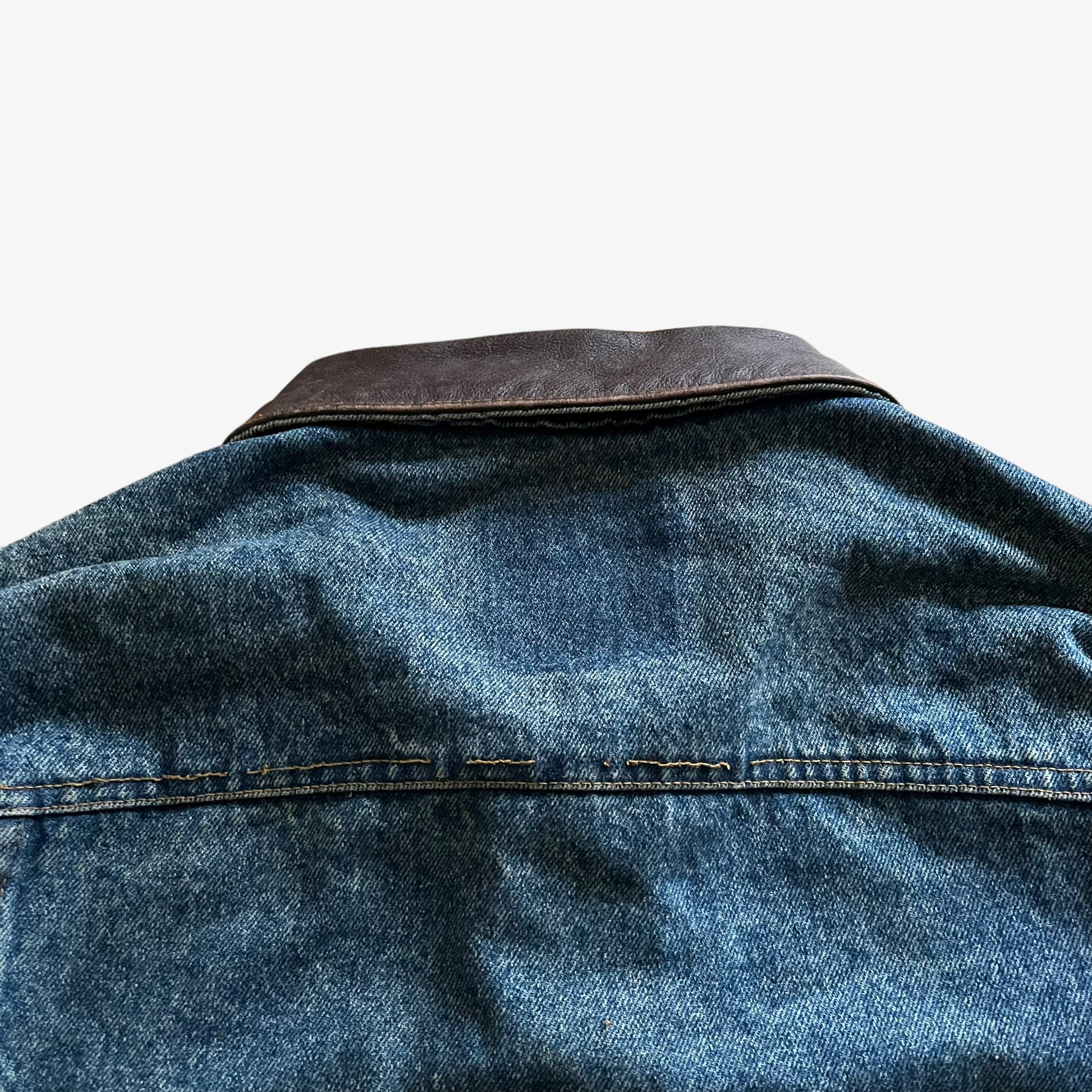 Vintage 90s Mens Marlboro Country Store Blue Denim Jacket With Brown Leather Collar Back Wear - Casspios Dream