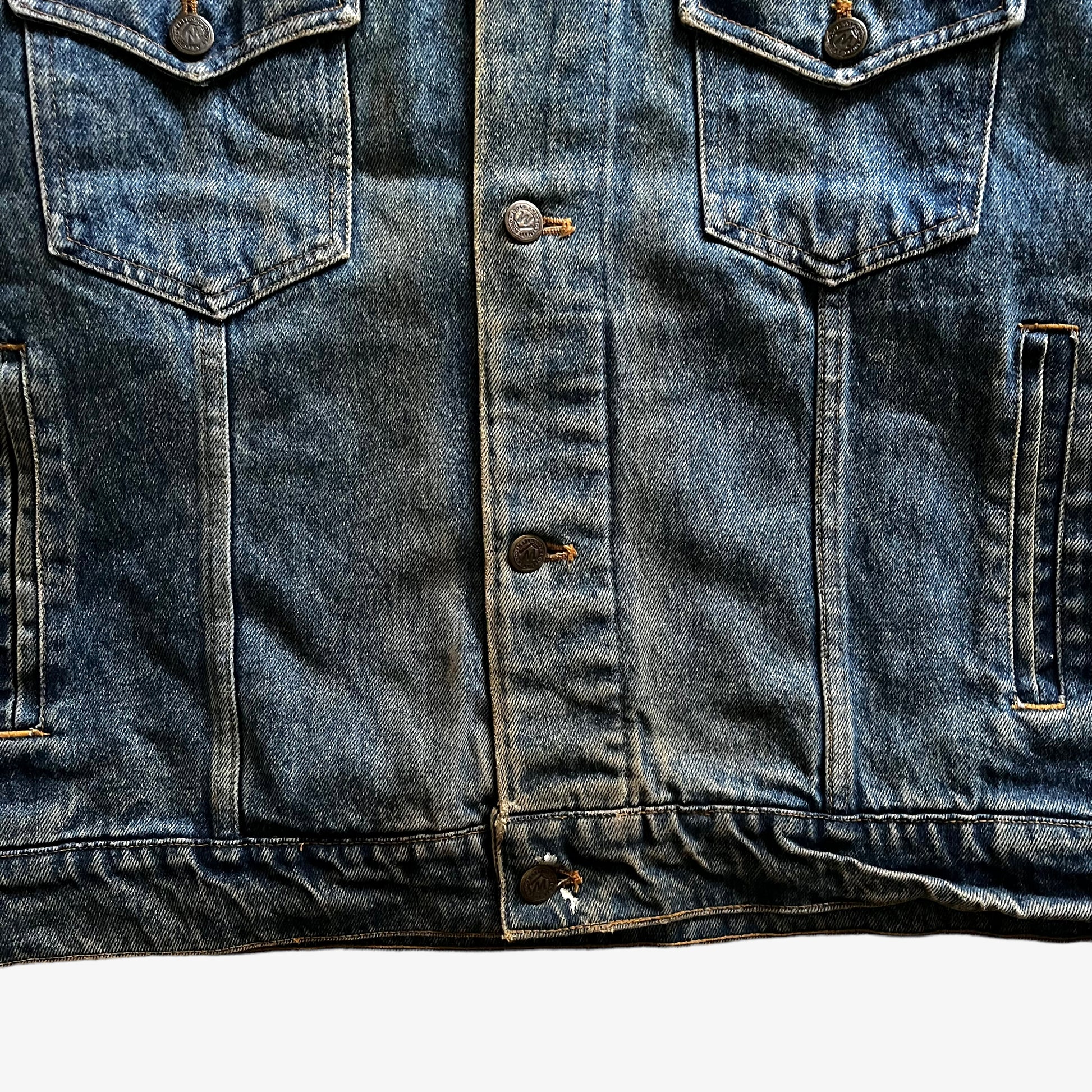 Vintage 90s Mens Marlboro Country Store Blue Denim Jacket With Brown Leather Collar Hem - Casspios Dream