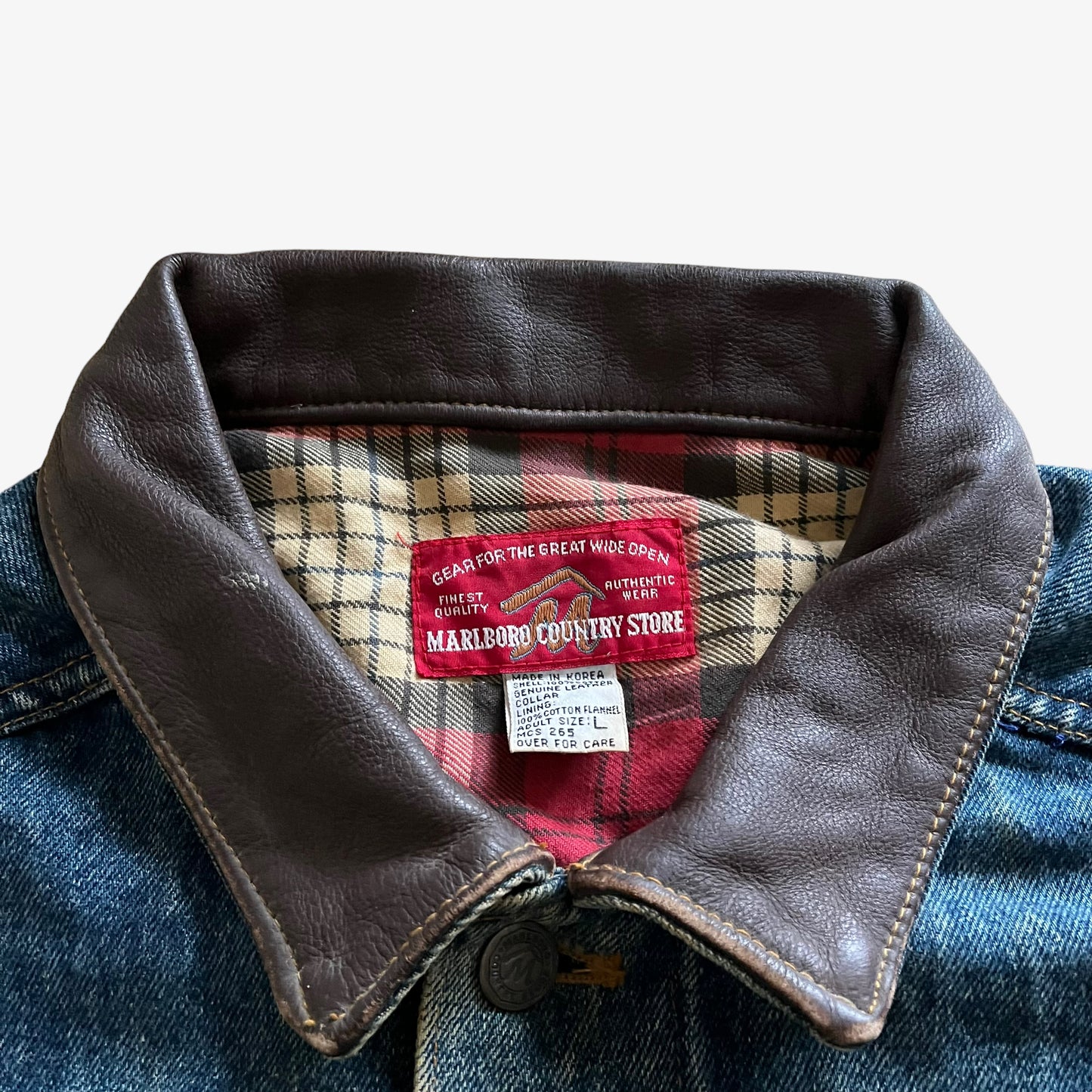 Vintage 90s Mens Marlboro Country Store Blue Denim Jacket With Brown Leather Collar Label - Casspios Dream