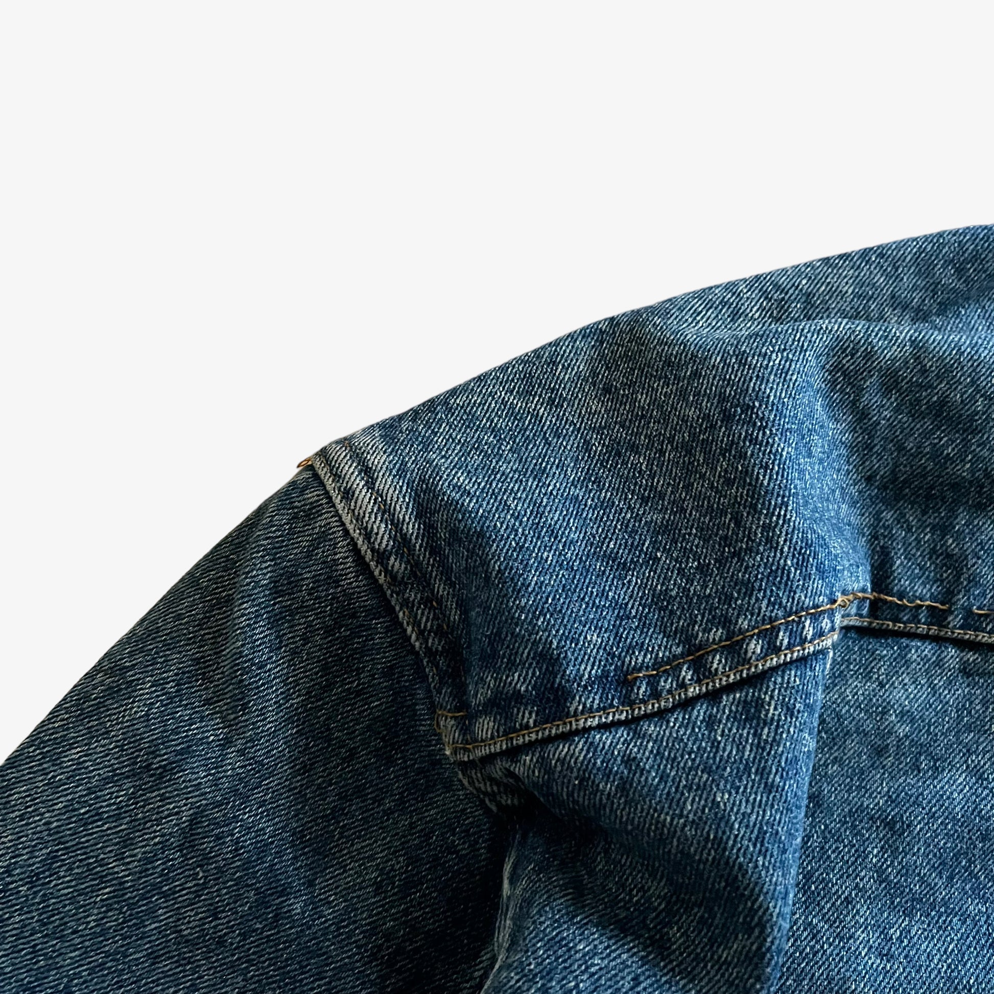 Vintage 90s Mens Marlboro Country Store Blue Denim Jacket With Brown Leather Collar Shoulder - Casspios Dream