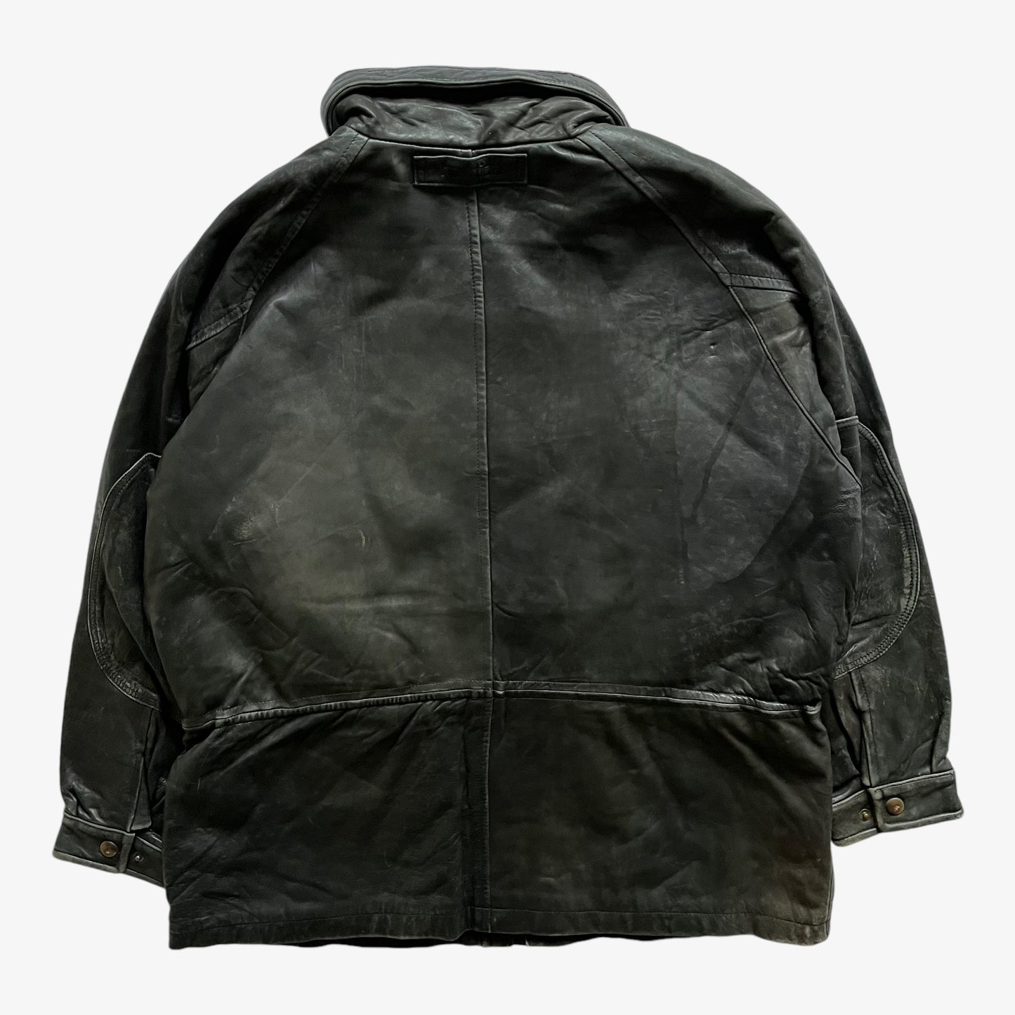 Vintage 90s Mens Nautica Black Leather Jacket With Foldable Hood And Green Tartan Lining Back - Casspios Dream