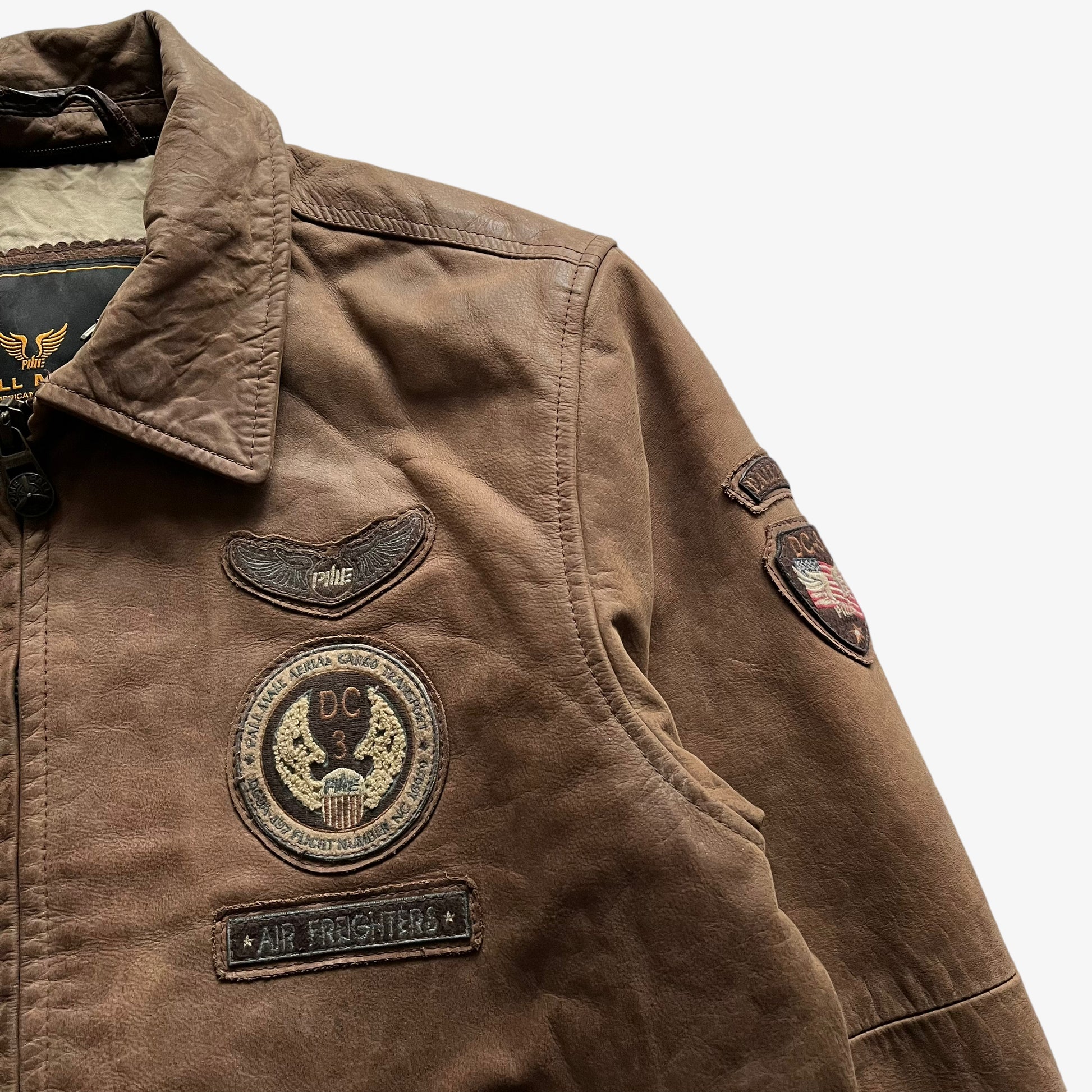 Vintage 90s Mens Pall Mall Brown Leather Pilot Jacket With Squad Patches Air Fighters - Casspios Dream