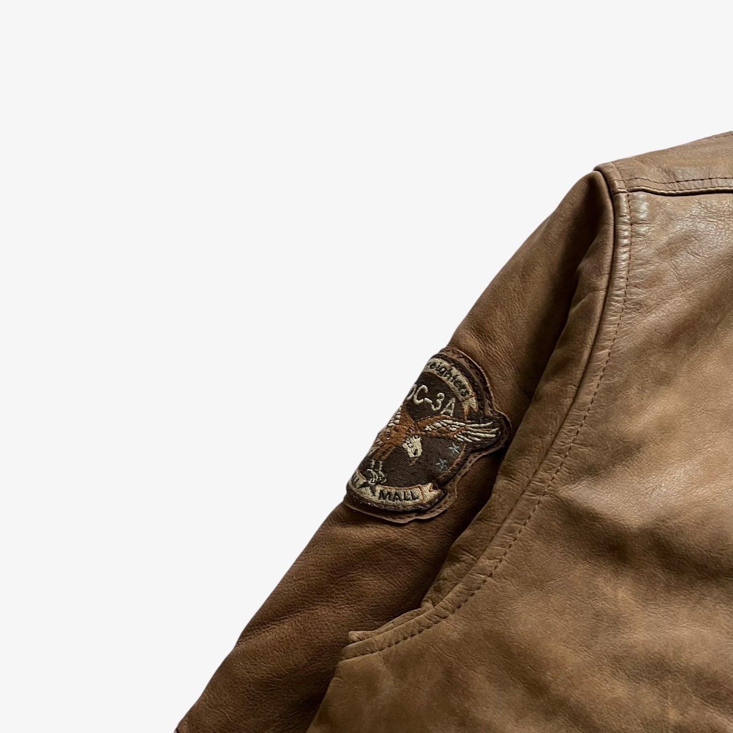 Vintage 90s Mens Pall Mall Brown Leather Pilot Jacket With Squad Patches Badge - Casspios Dream