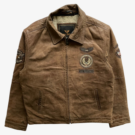 Vintage 90s Mens Pall Mall Brown Leather Pilot Jacket With Squad Patches - Casspios Dream