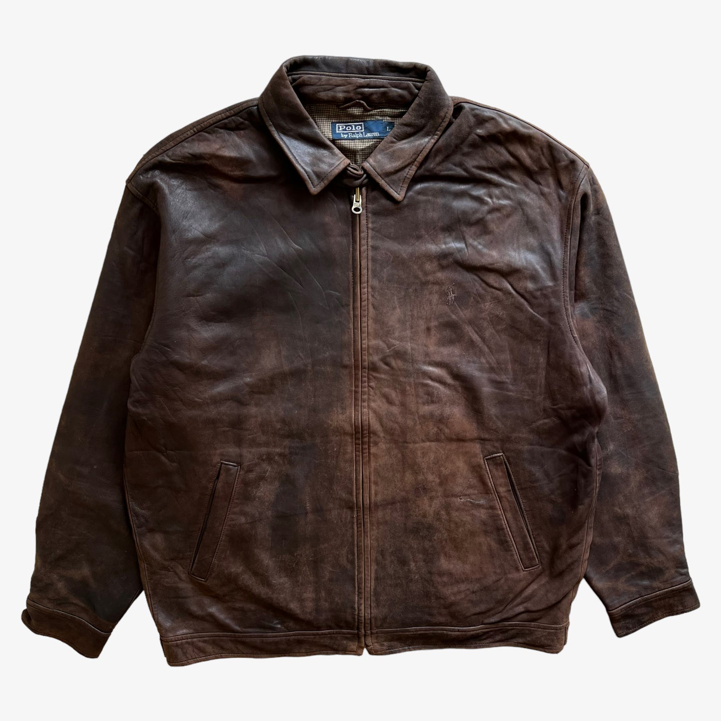Vintage 90s Mens Polo Ralph Lauren Brown Leather Harrington Jacket - Casspios Dream