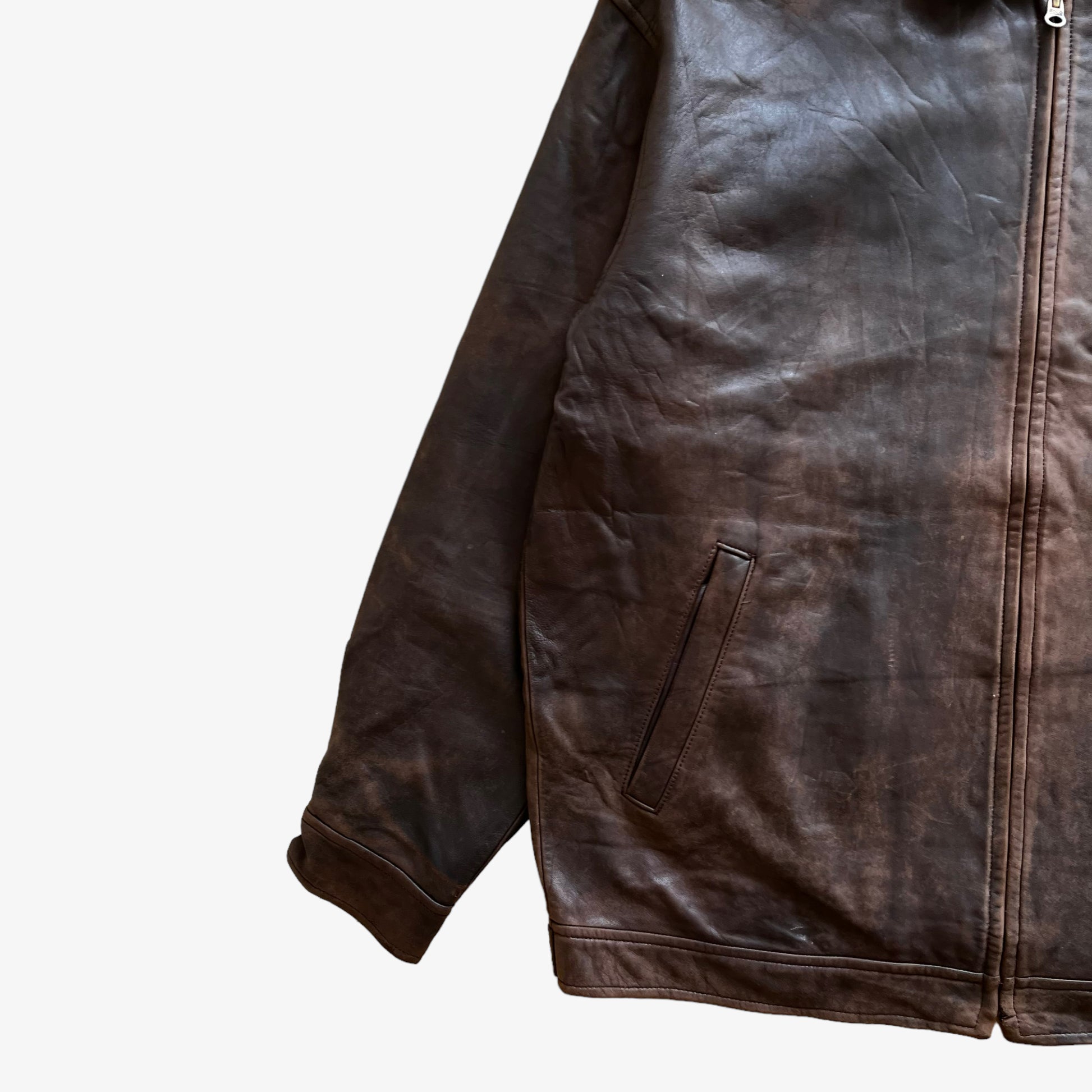 Vintage 90s Mens Polo Ralph Lauren Brown Leather Harrington Jacket Pocket - Casspios Dream