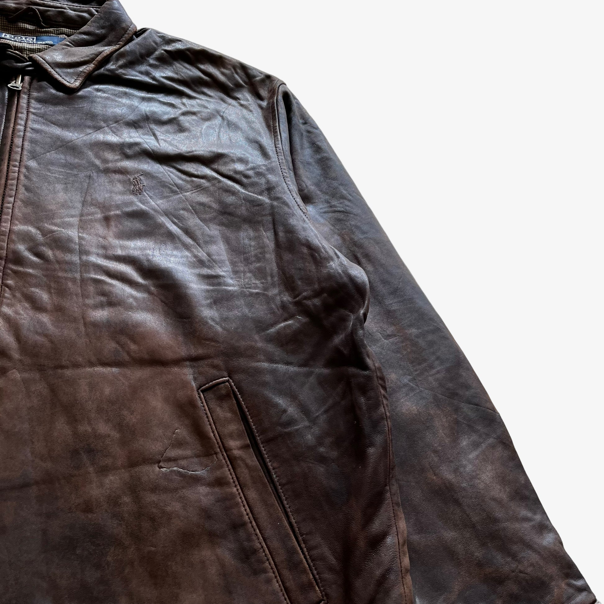 Vintage 90s Mens Polo Ralph Lauren Brown Leather Harrington Jacket Side - Casspios Dream