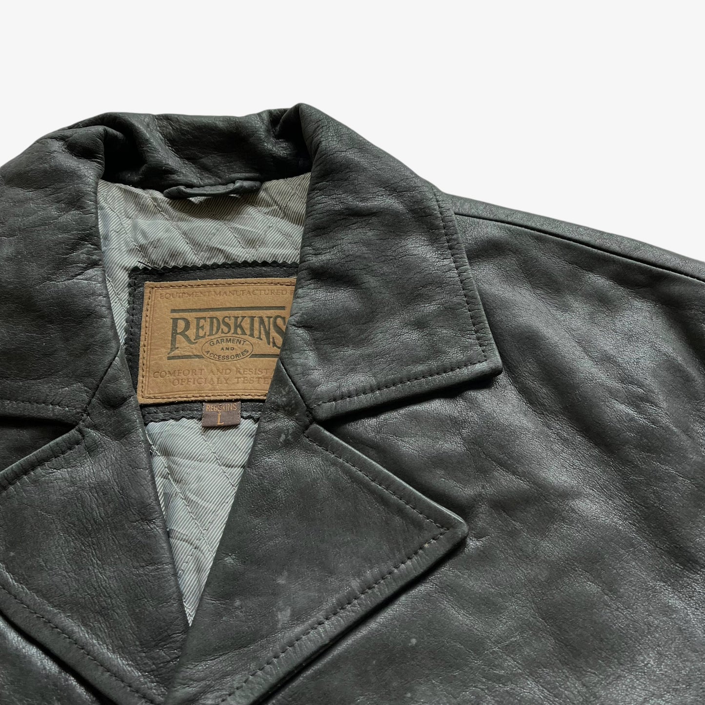 Vintage 90s Mens Redskins Black Leather Jacket With Embossed Pocket Spell Out Collar - Casspios Dream