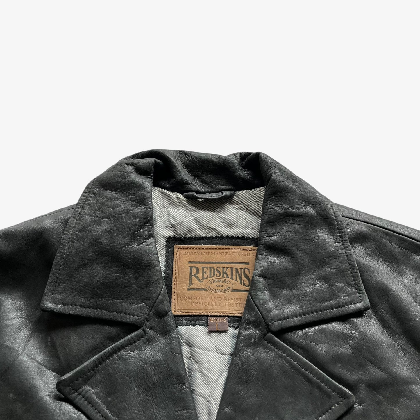 Vintage 90s Mens Redskins Black Leather Jacket With Embossed Pocket Spell Out Label - Casspios Dream